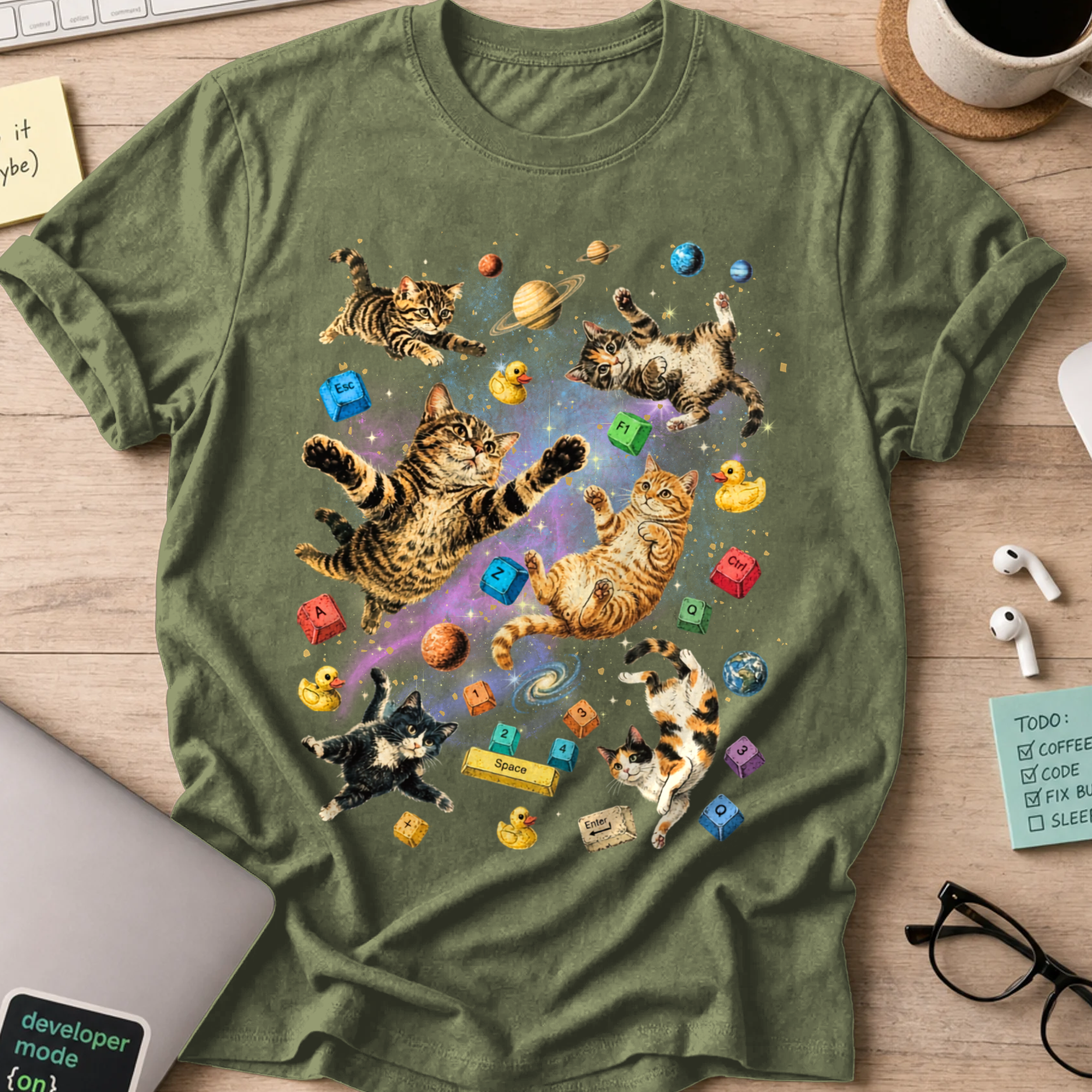 Cosmic Code Cats Shirt - Military Green