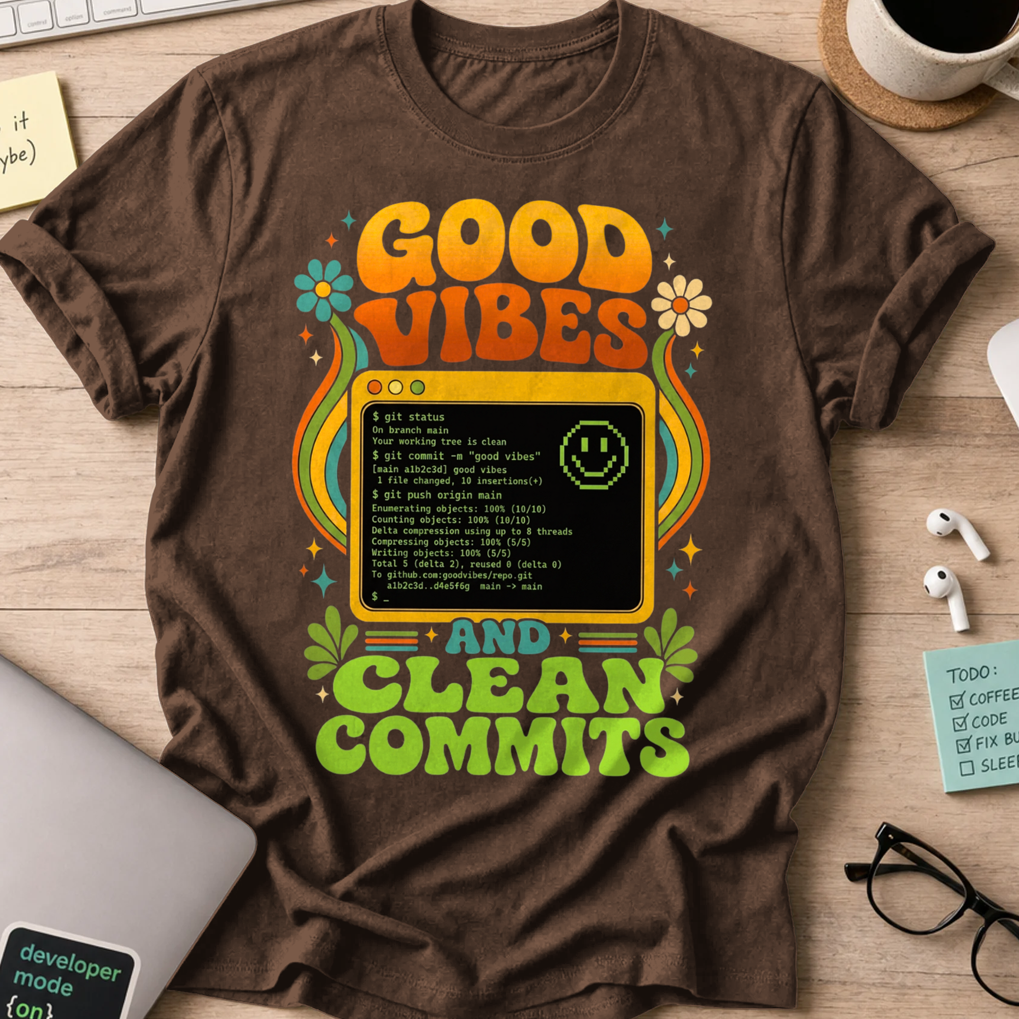 Good Vibes And Clean Commits Shirt — Dark Chocolate