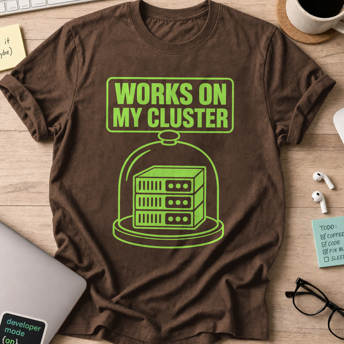 Works on My Cluster Shirt — Dark Chocolate