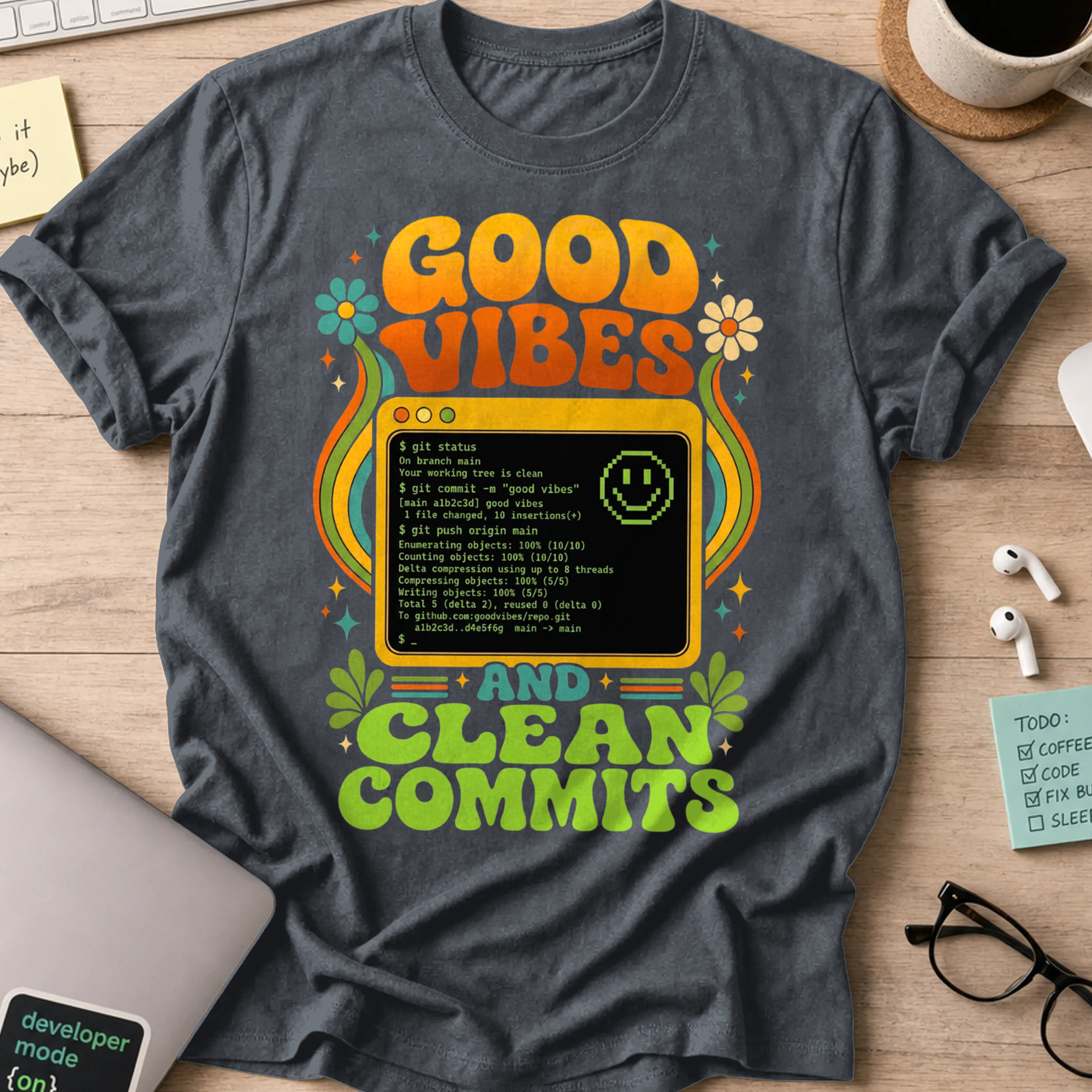 Good Vibes And Clean Commits Shirt — Dark Heather