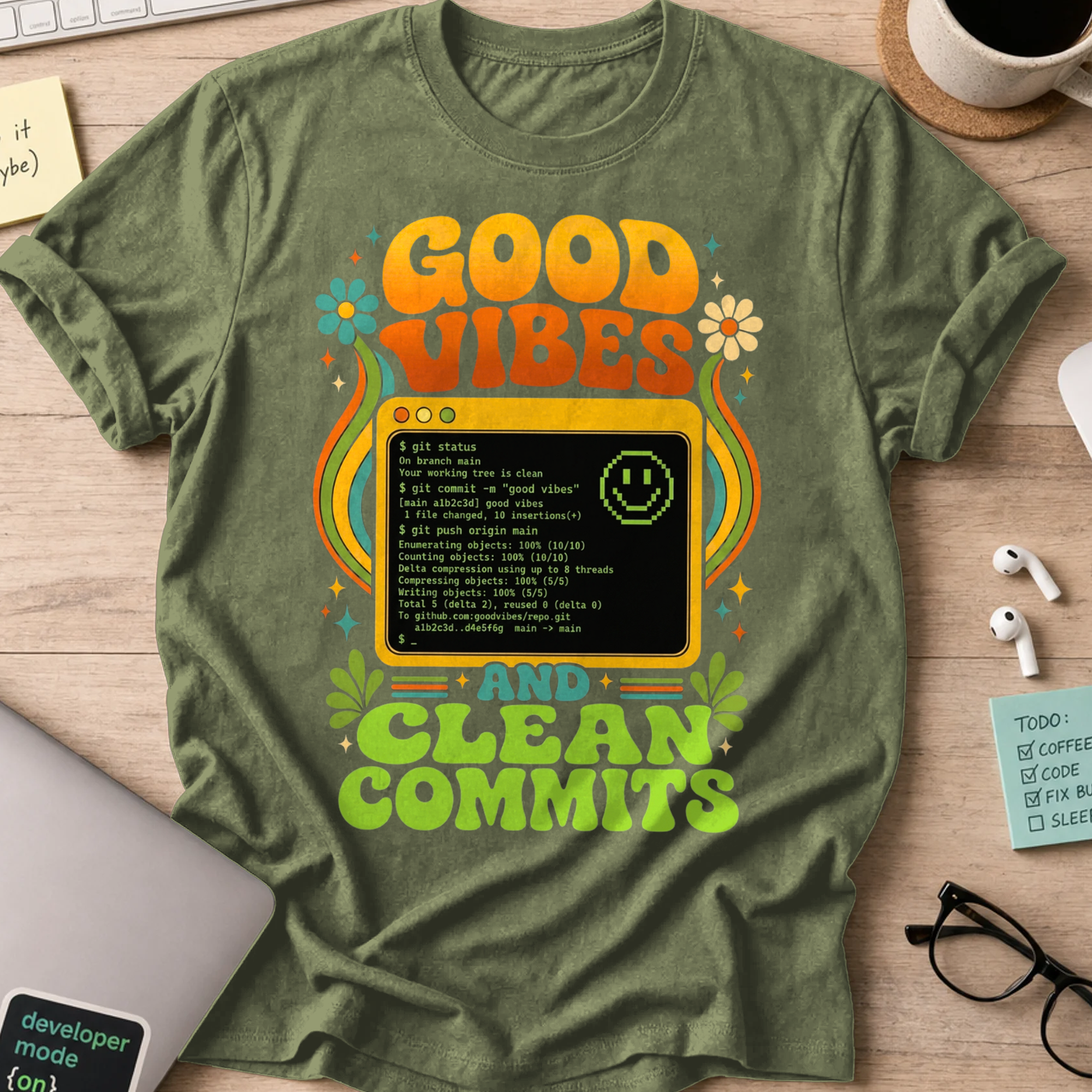 Good Vibes And Clean Commits Shirt — Military Green