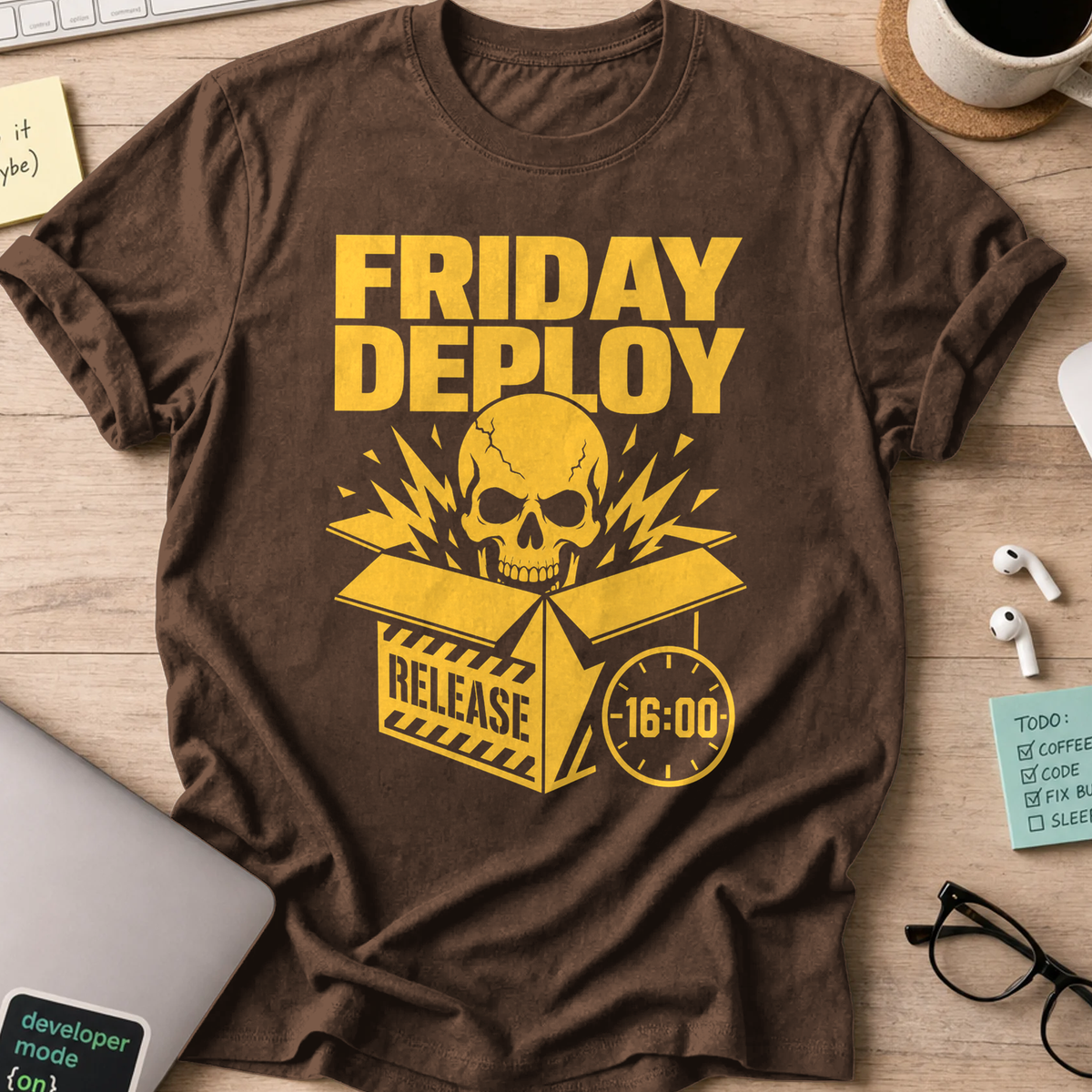 Friday Deploy Release Shirt — Dark Chocolate