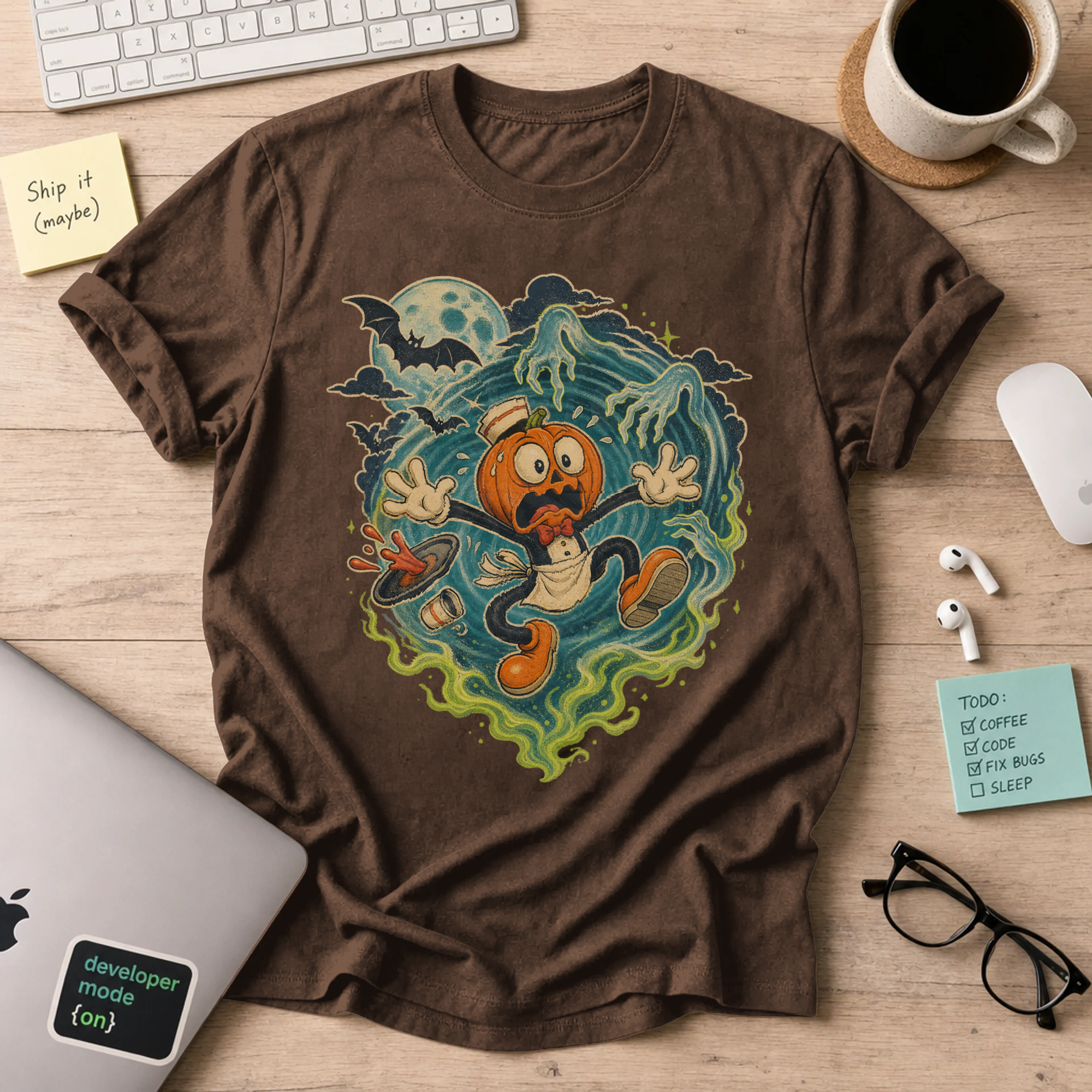 Pumpkin Panic Halloween Shirt — Dark Chocolate