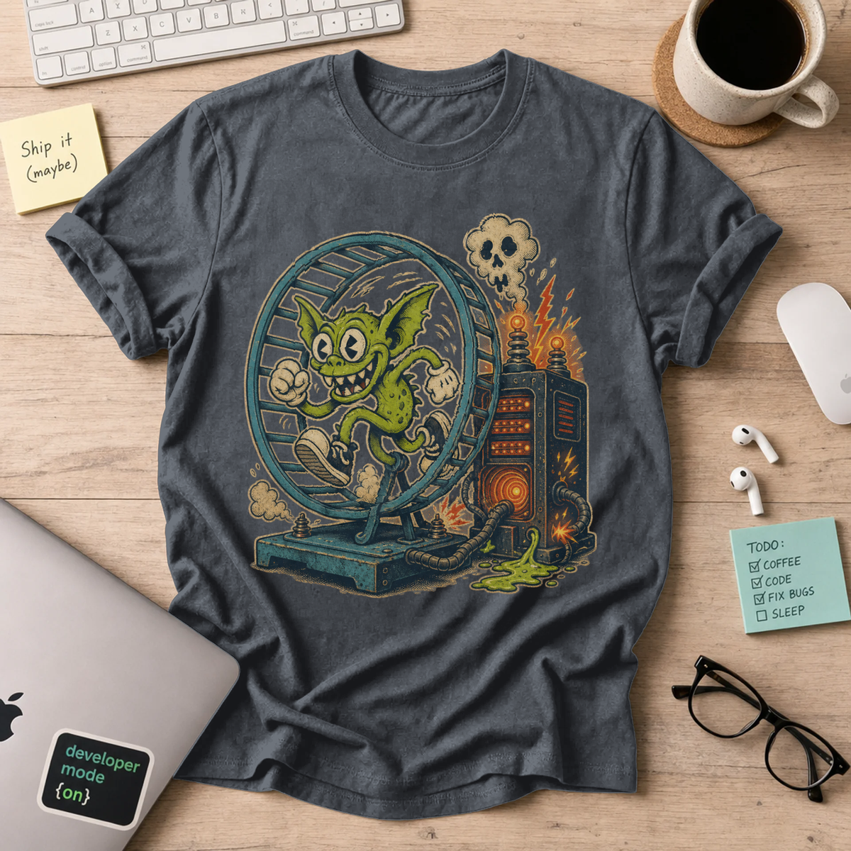Gremlin in the Hamster Wheel Shirt — Dark Heather