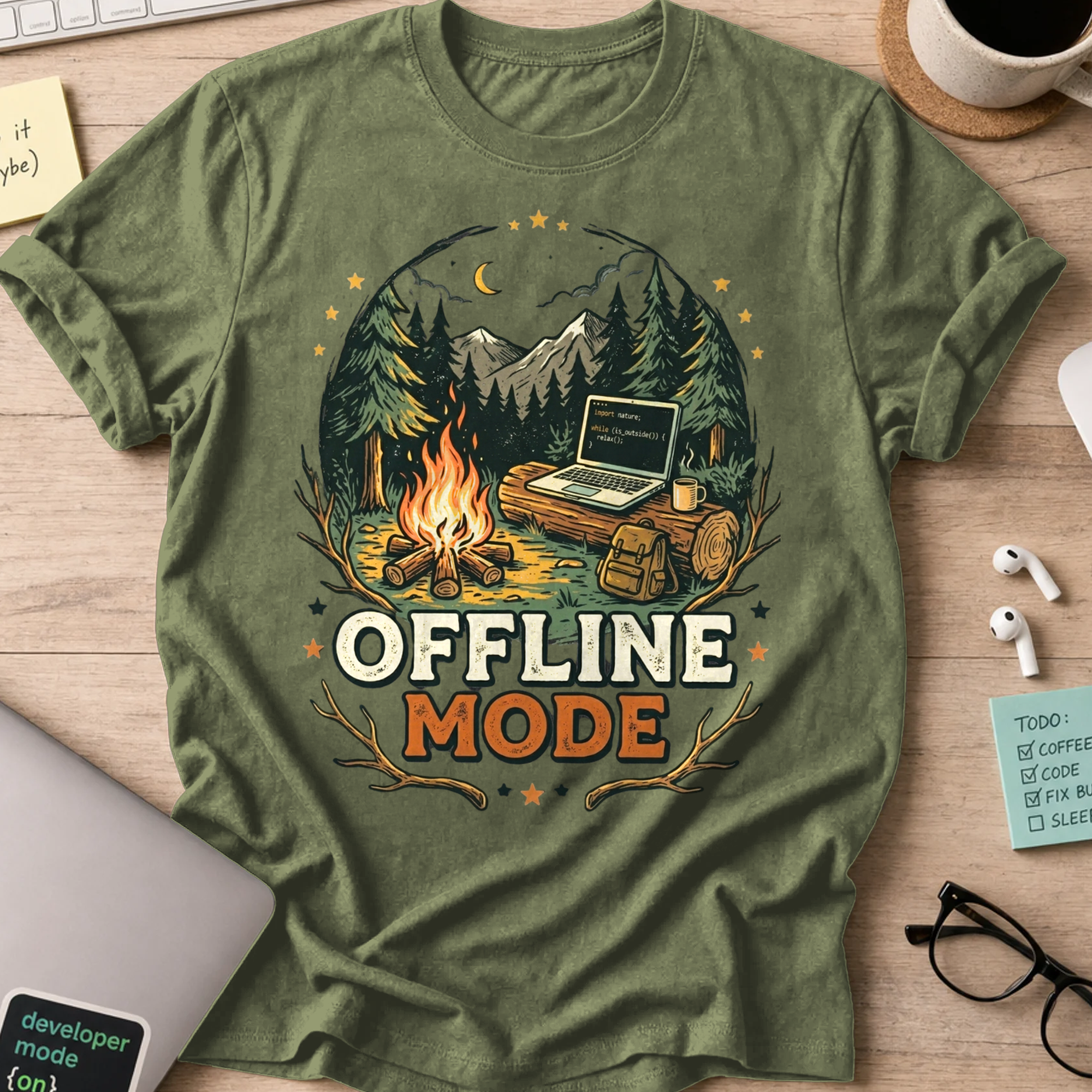 Offline Mode Campfire Shirt — Military Green