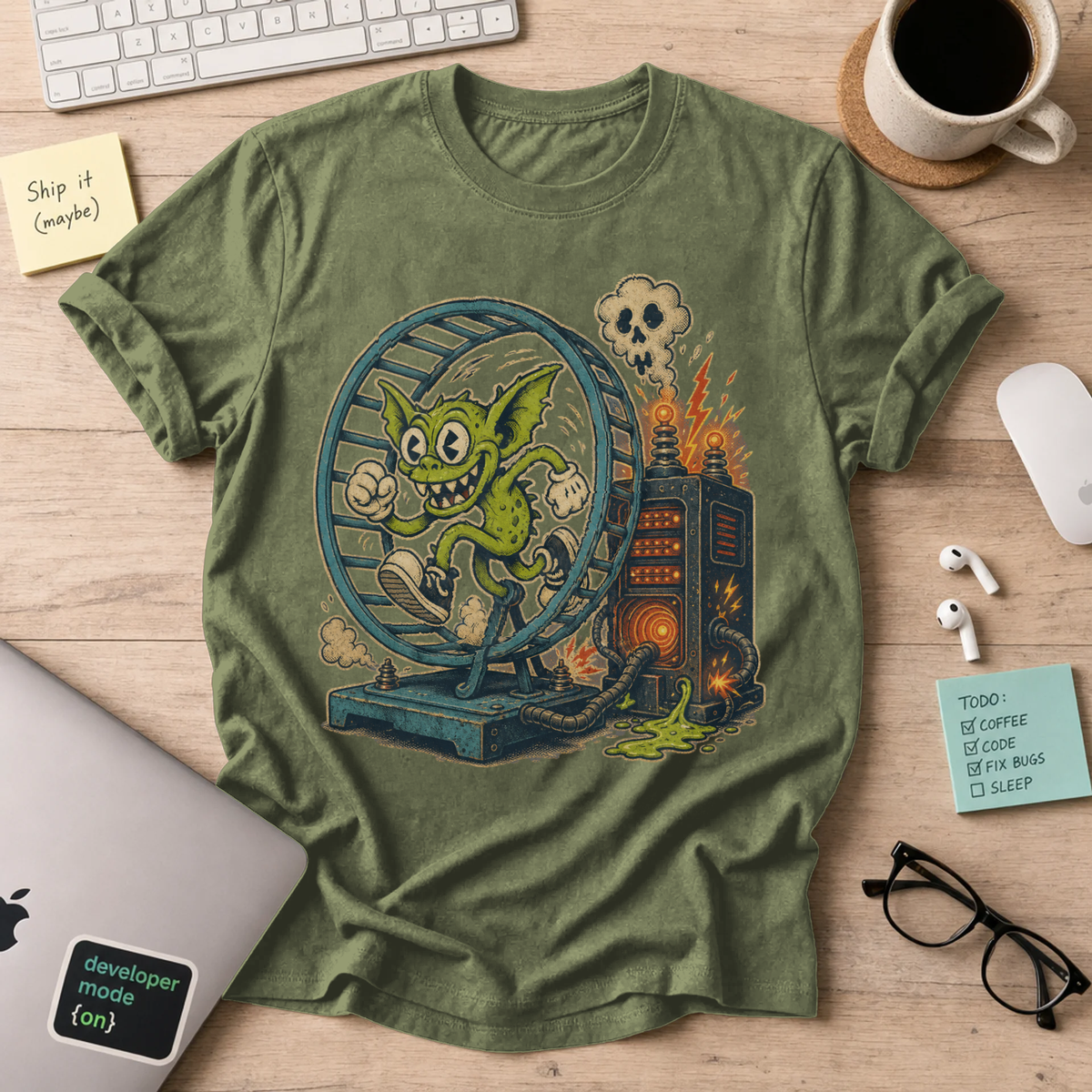 Gremlin in the Hamster Wheel Shirt — Military Green