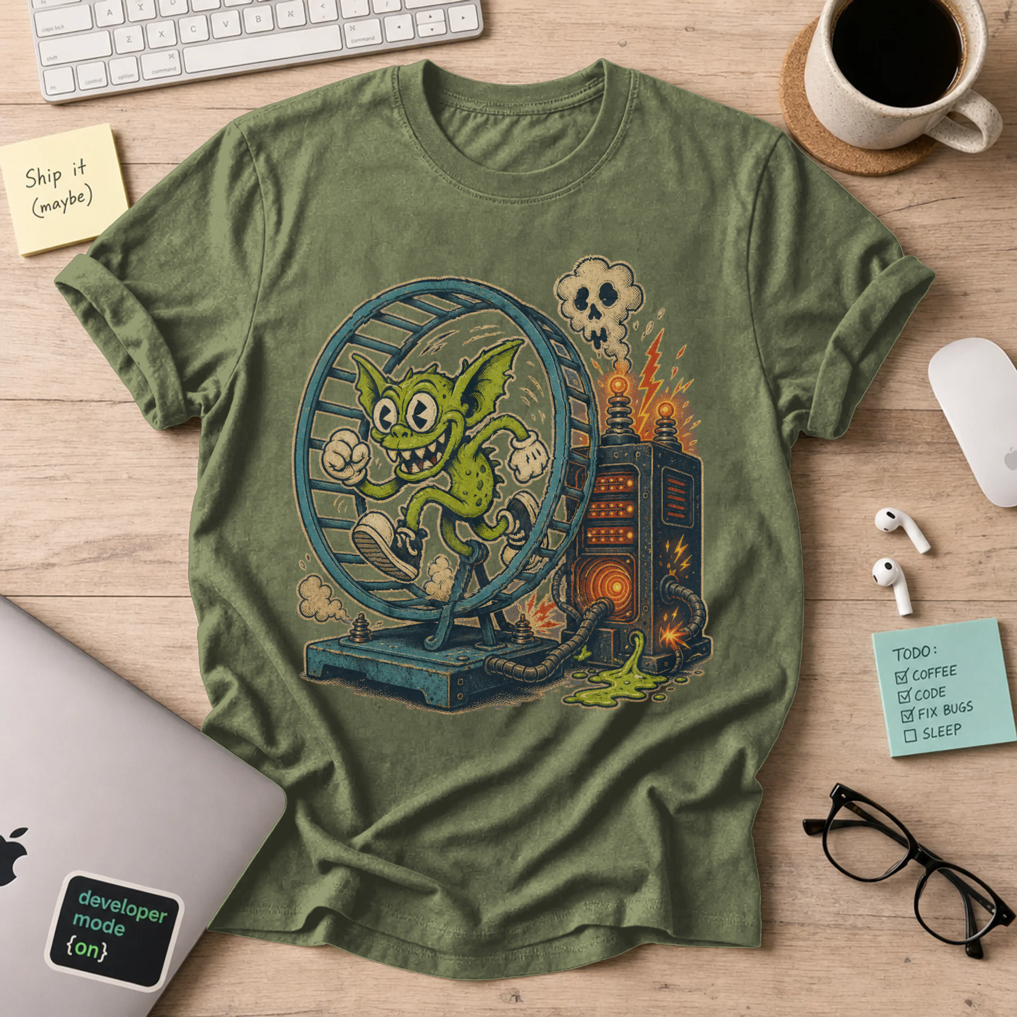 Gremlin in the Hamster Wheel Shirt — Military Green