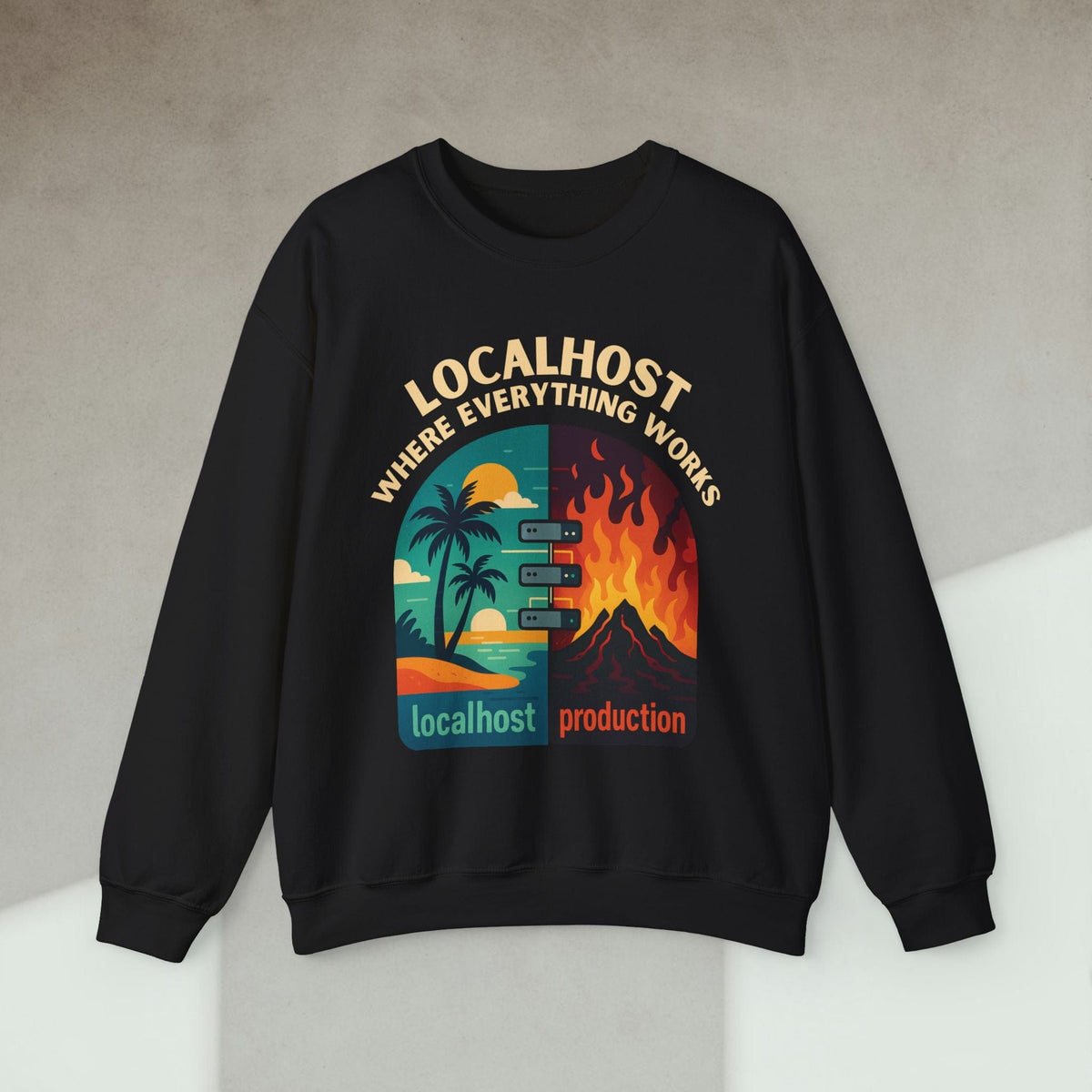 Code Culture localhost vs production sweatshirt funny programmer Sweatshirt in S — Code Culture developer clothing