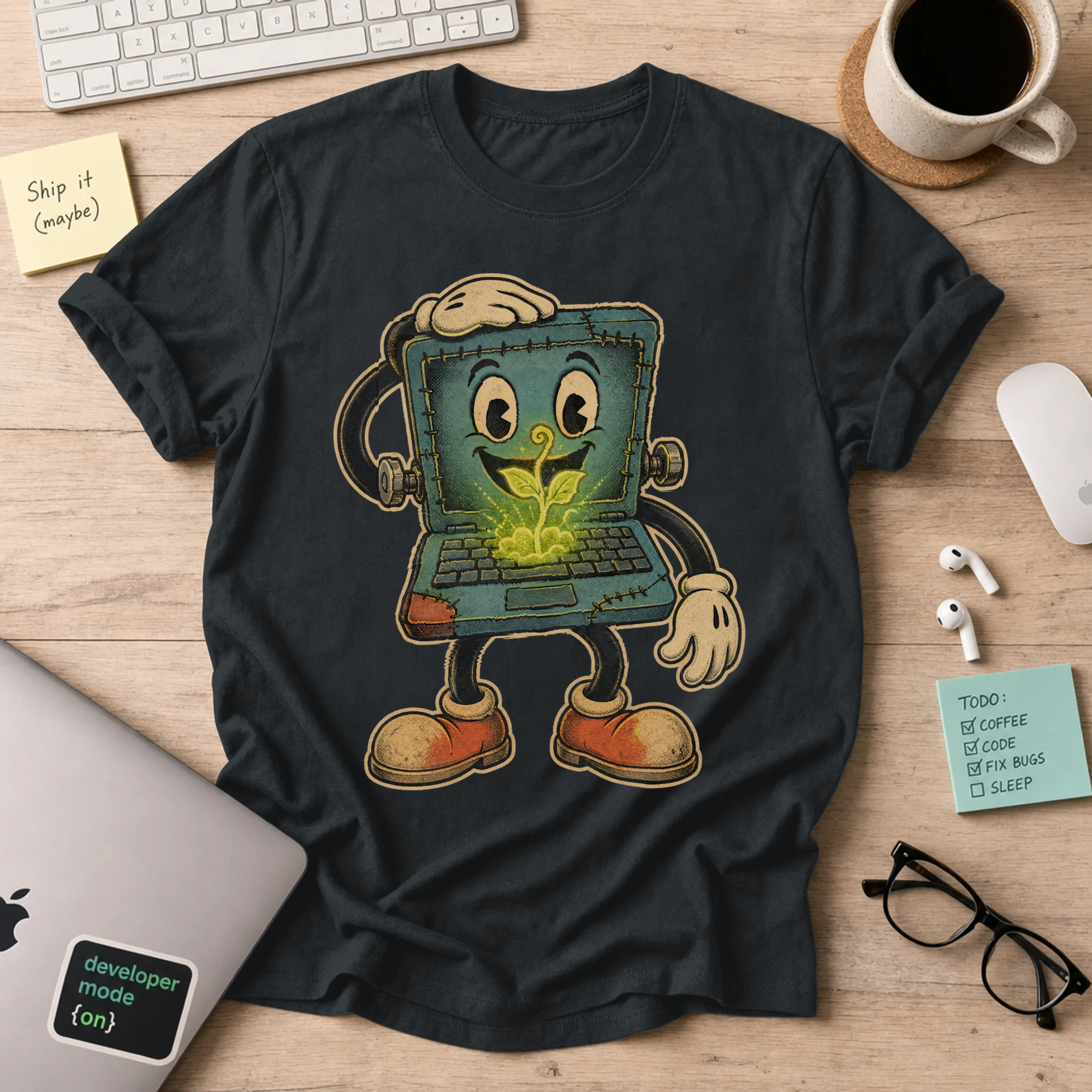Laptop Plant Monster Shirt — Black