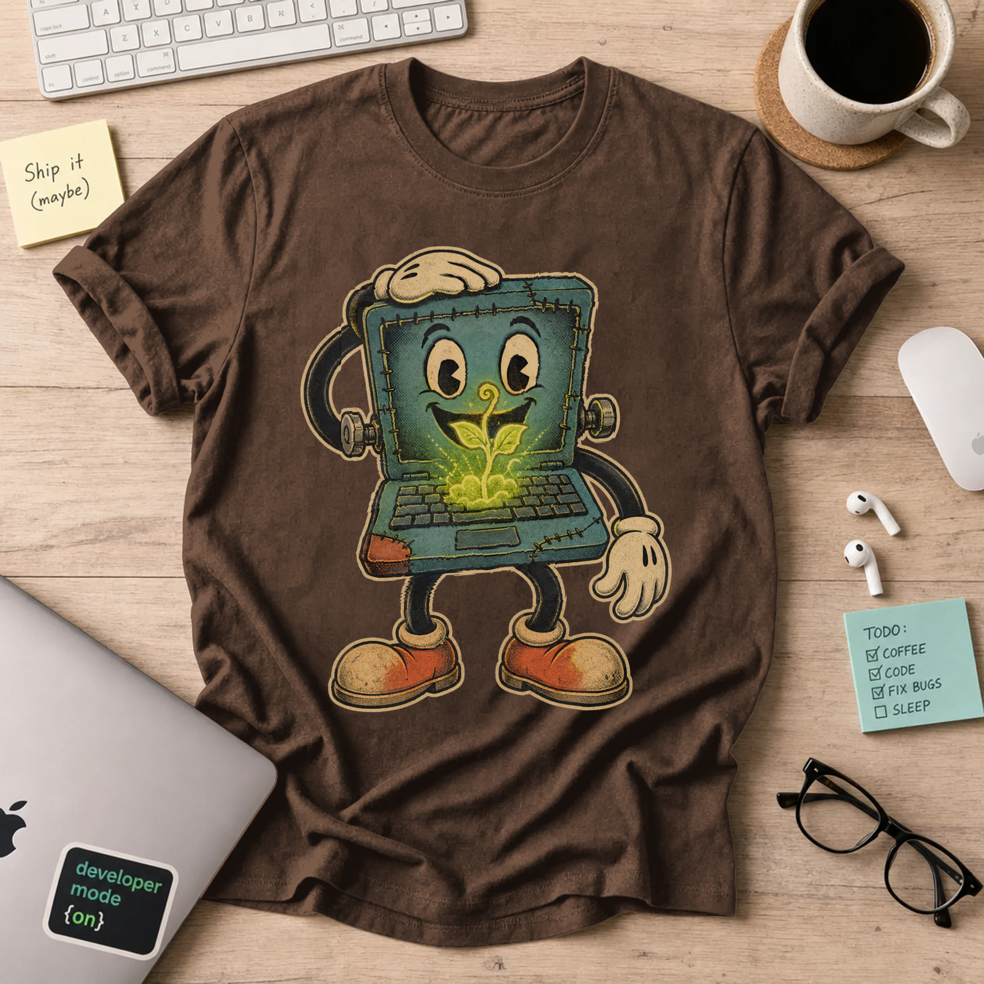 Laptop Plant Monster Shirt — Dark Chocolate