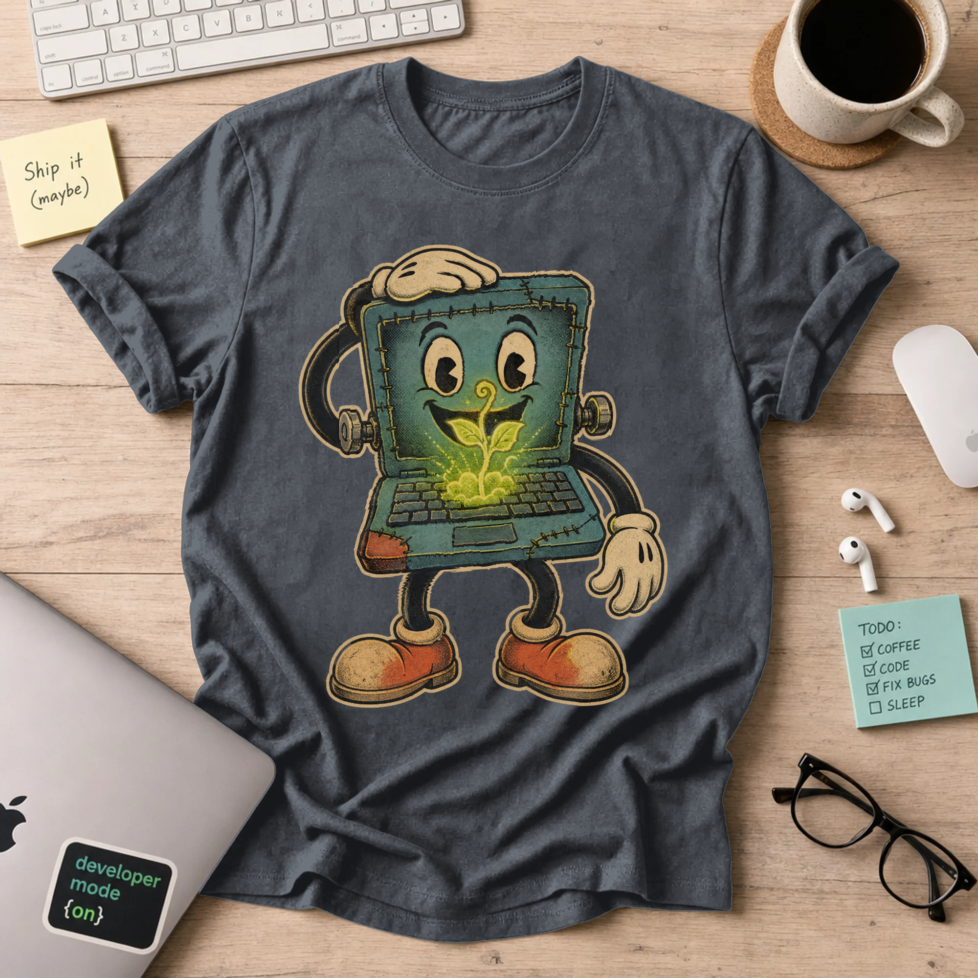 Laptop Plant Monster Shirt — Dark Heather