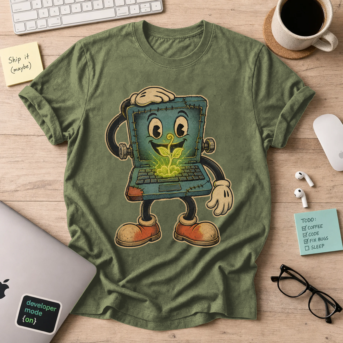 Laptop Plant Monster Shirt — Military Green