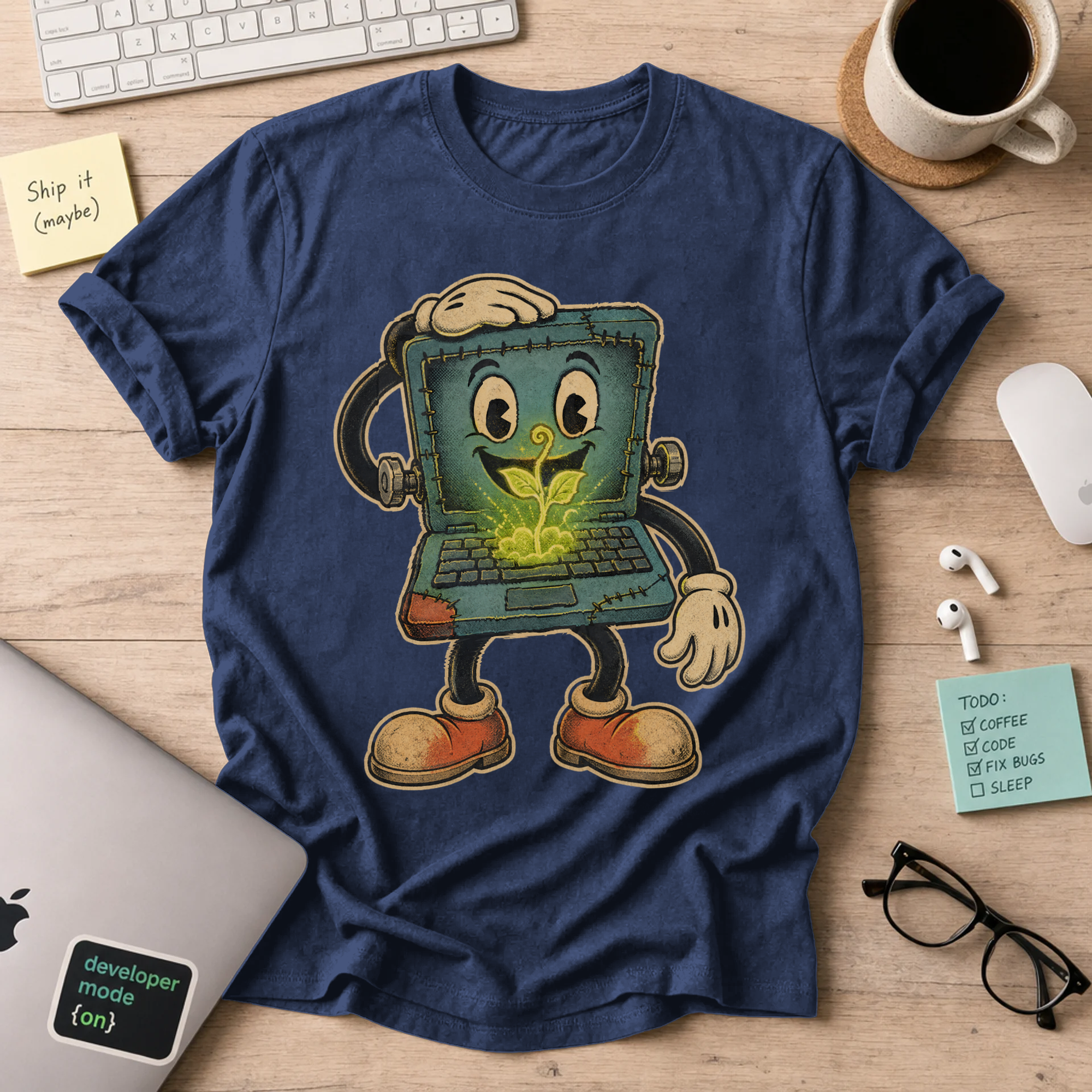 Laptop Plant Monster Shirt — Navy