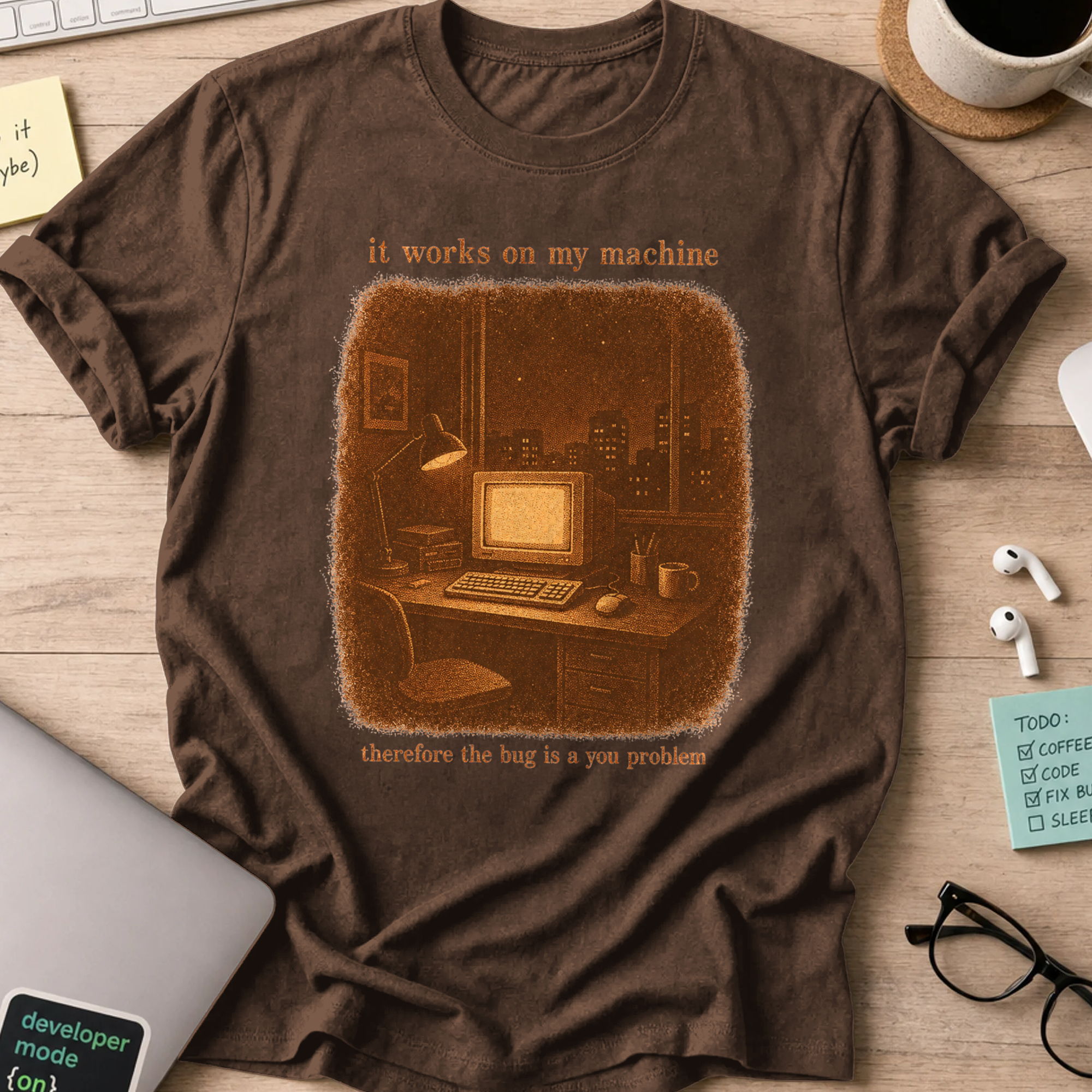 Works on My Machine Bug Shirt — Dark Chocolate