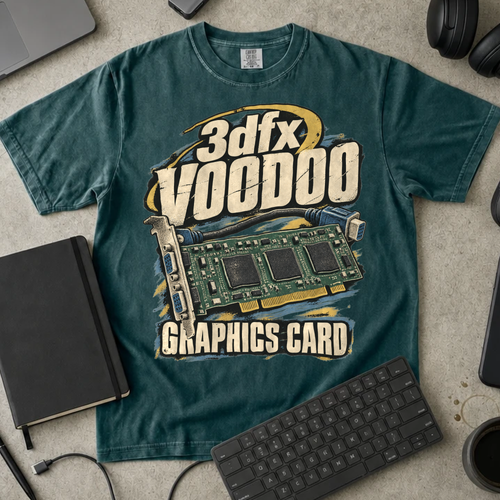 3dfx Voodoo Graphics Card Shirt — Blue Spruce Comfort Colors 1717 flat lay