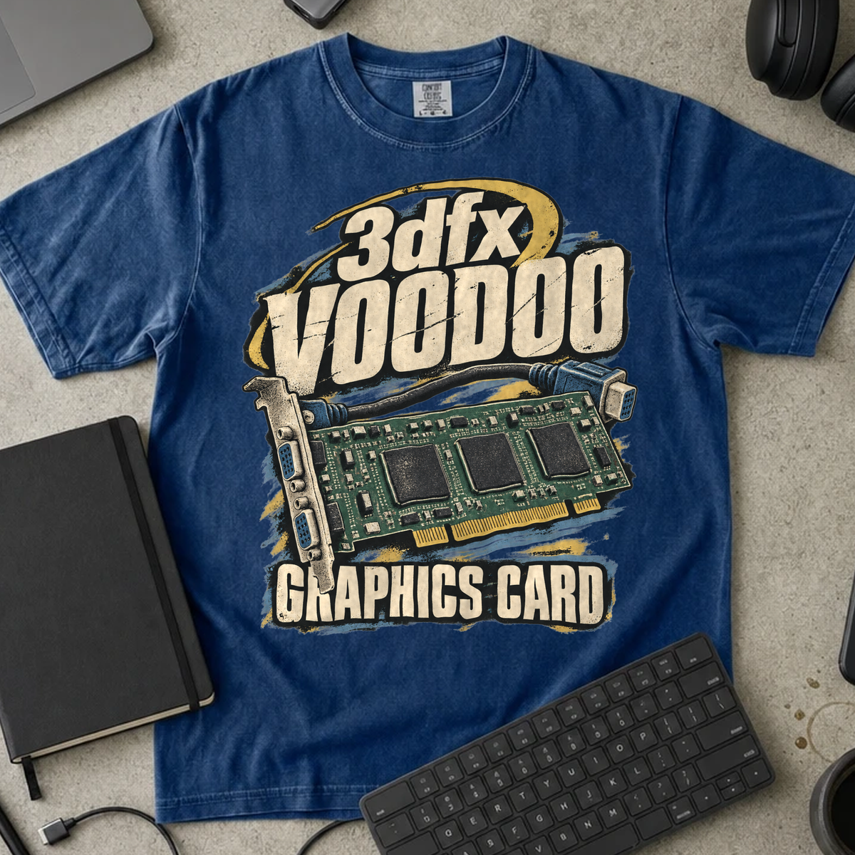 3dfx Voodoo Graphics Card Shirt — True Navy Comfort Colors 1717 flat lay