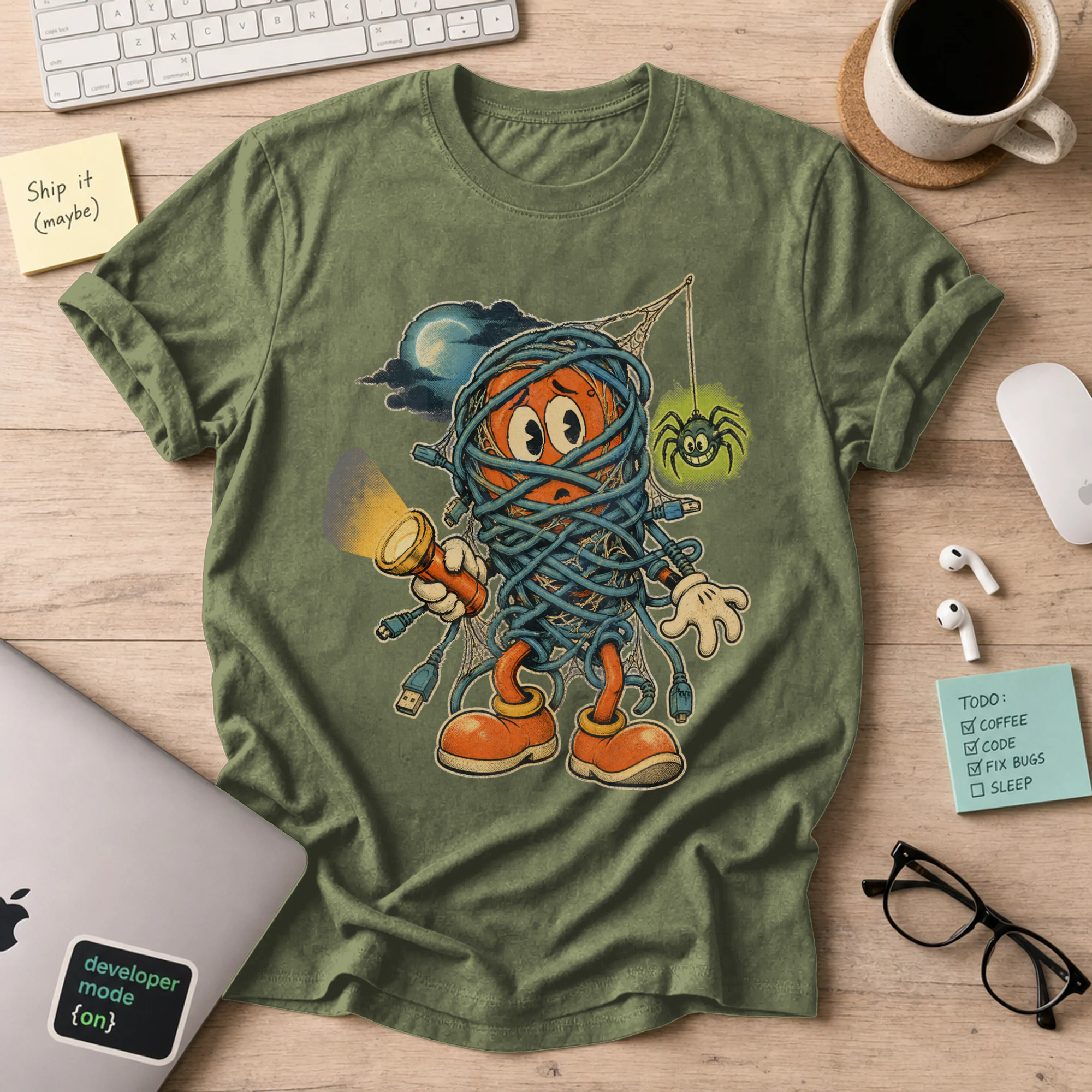 Tangled Cables Halloween Shirt — Military Green