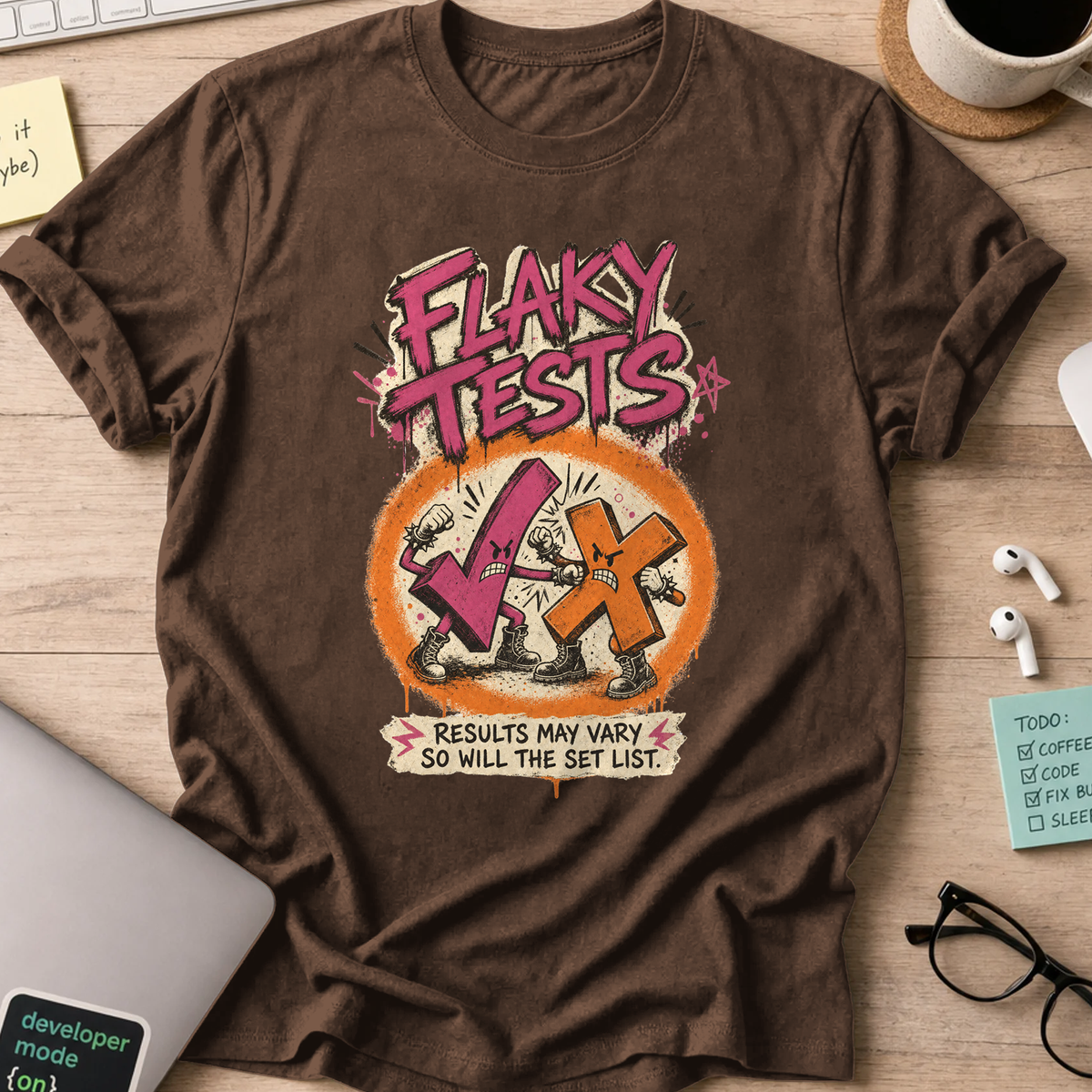 Flaky Tests Shirt — Dark Chocolate
