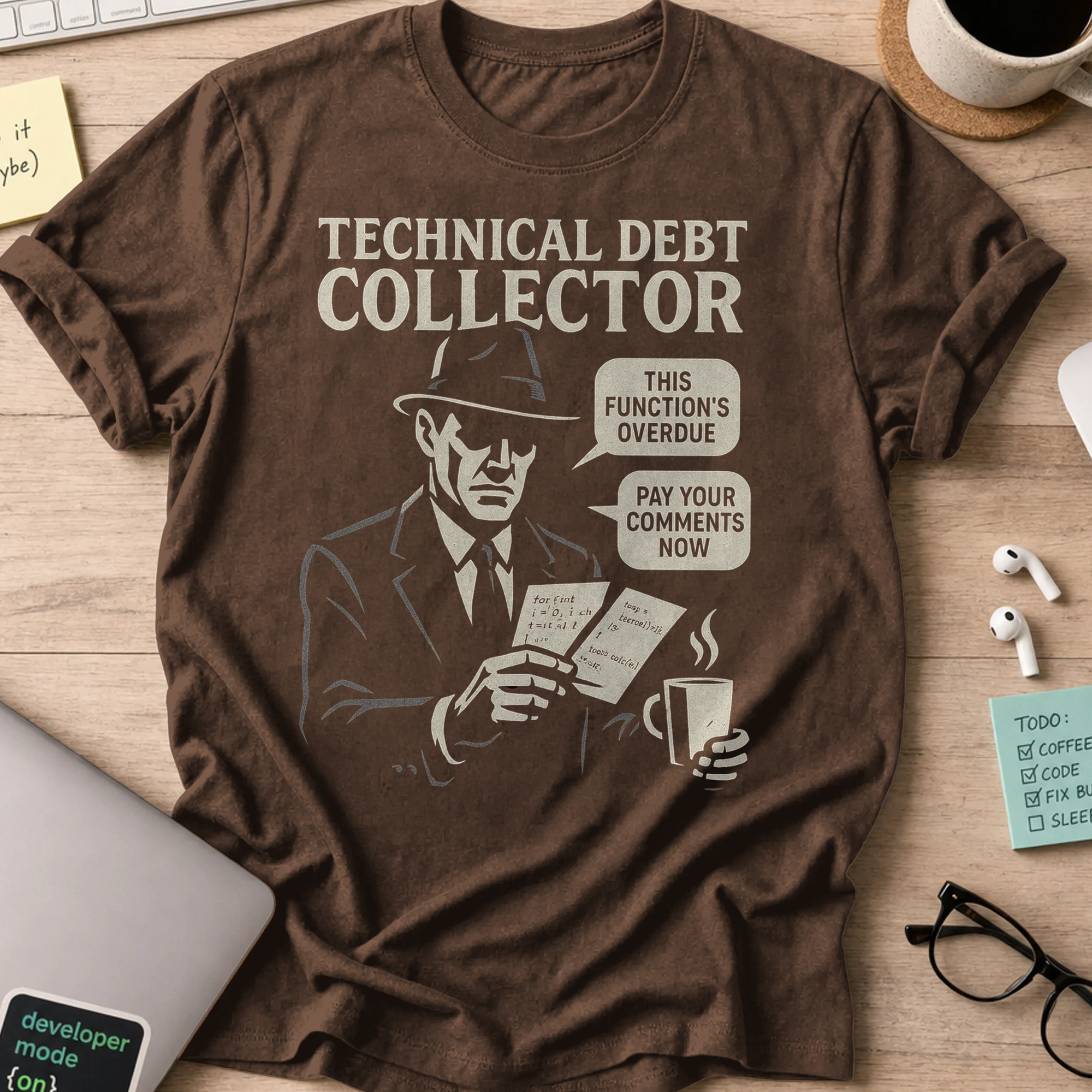 Technical Debt Collector shirt — Dark Chocolate