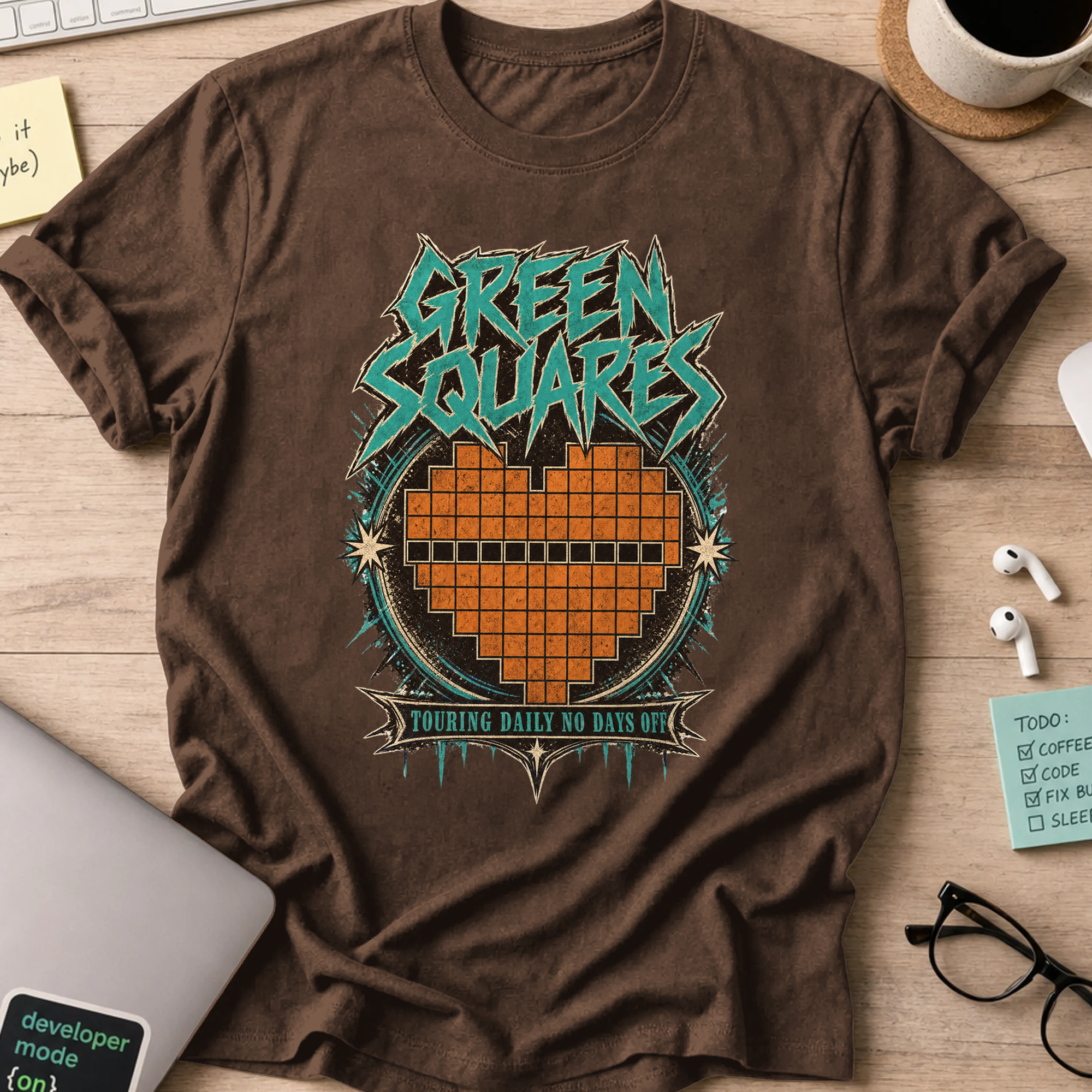 Green Squares Tour Shirt — Dark Chocolate