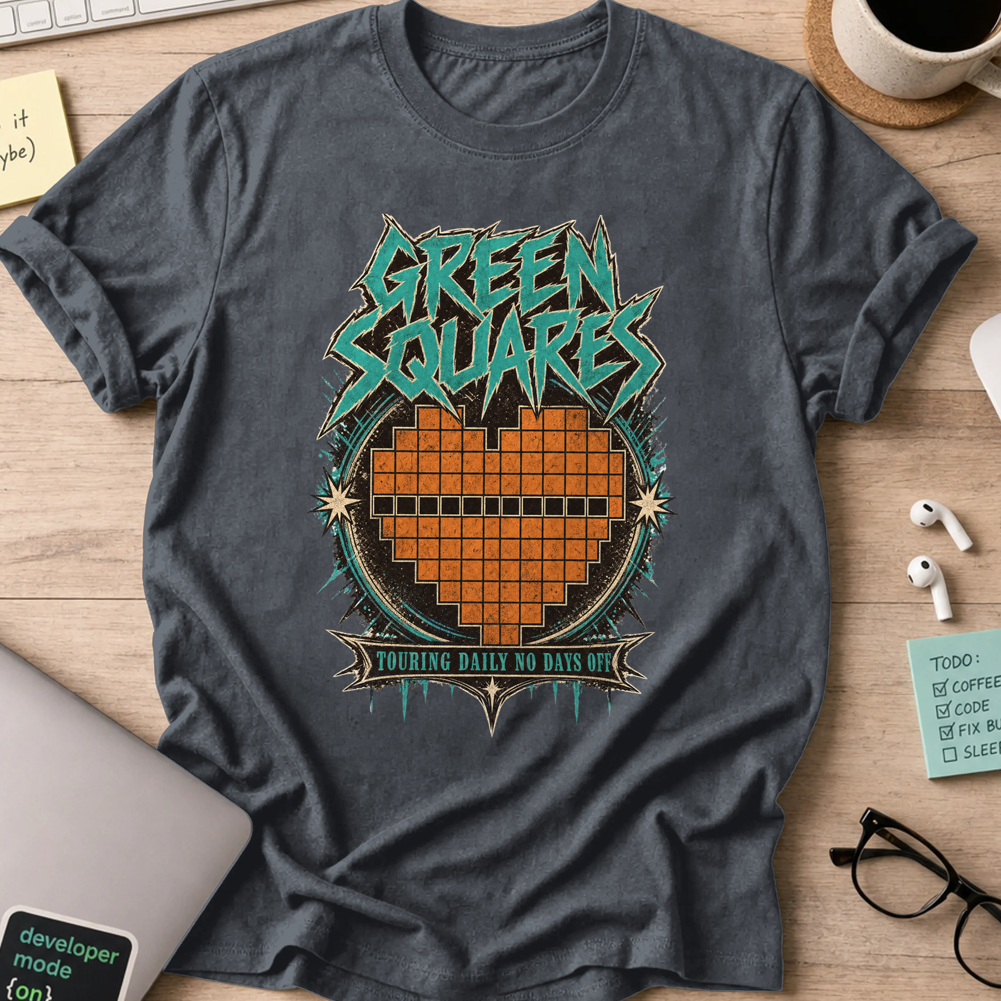 Green Squares Tour Shirt — Dark Heather