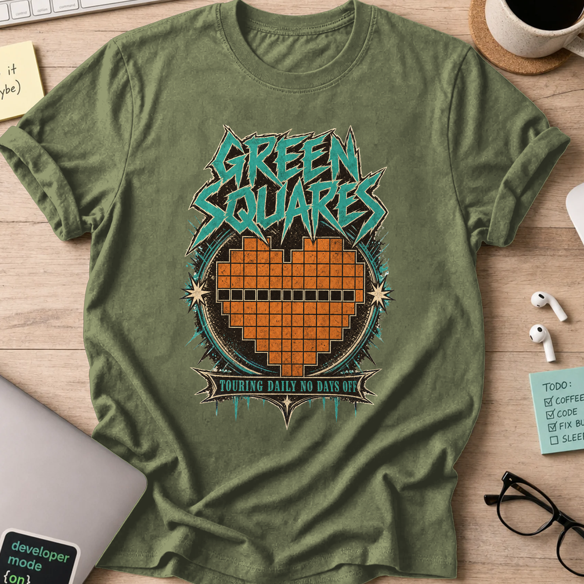 Green Squares Tour Shirt — Military Green