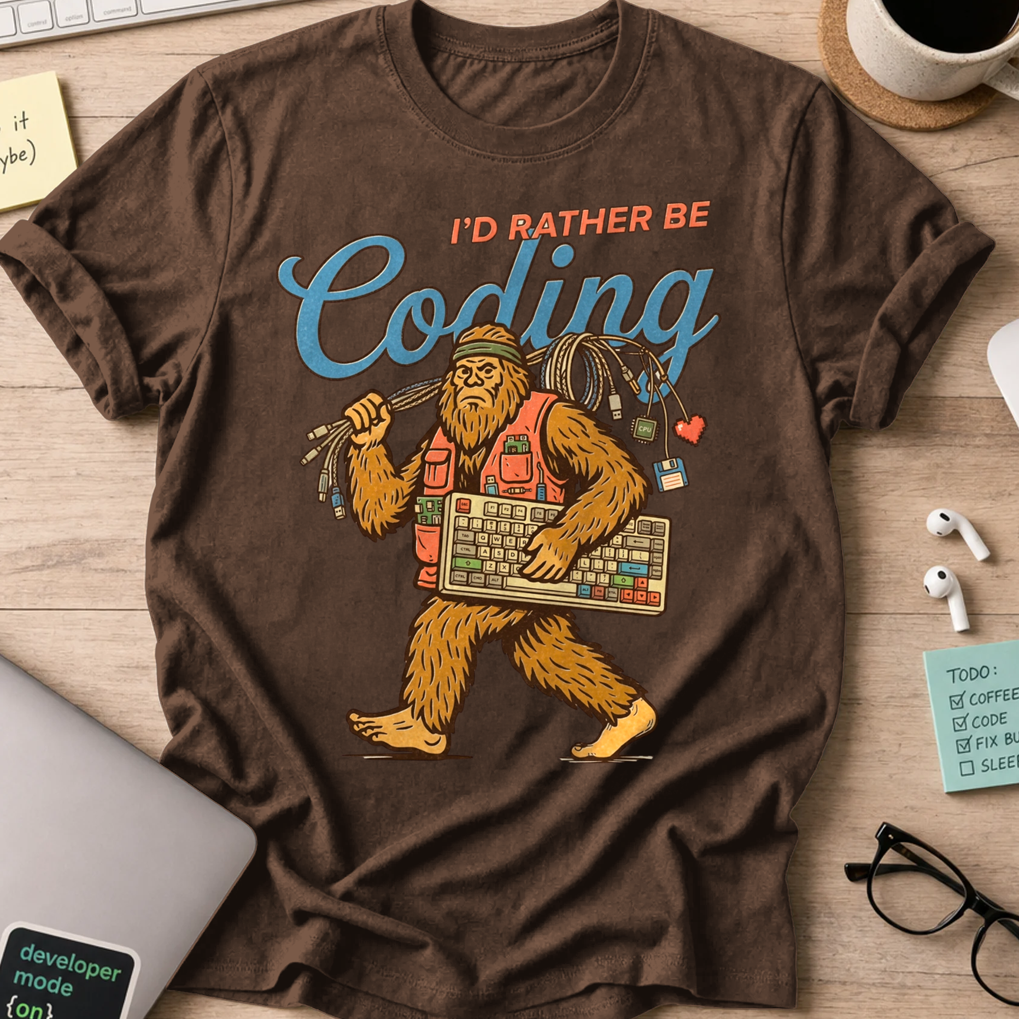 I'd Rather Be Coding Bigfoot Shirt — Dark Chocolate