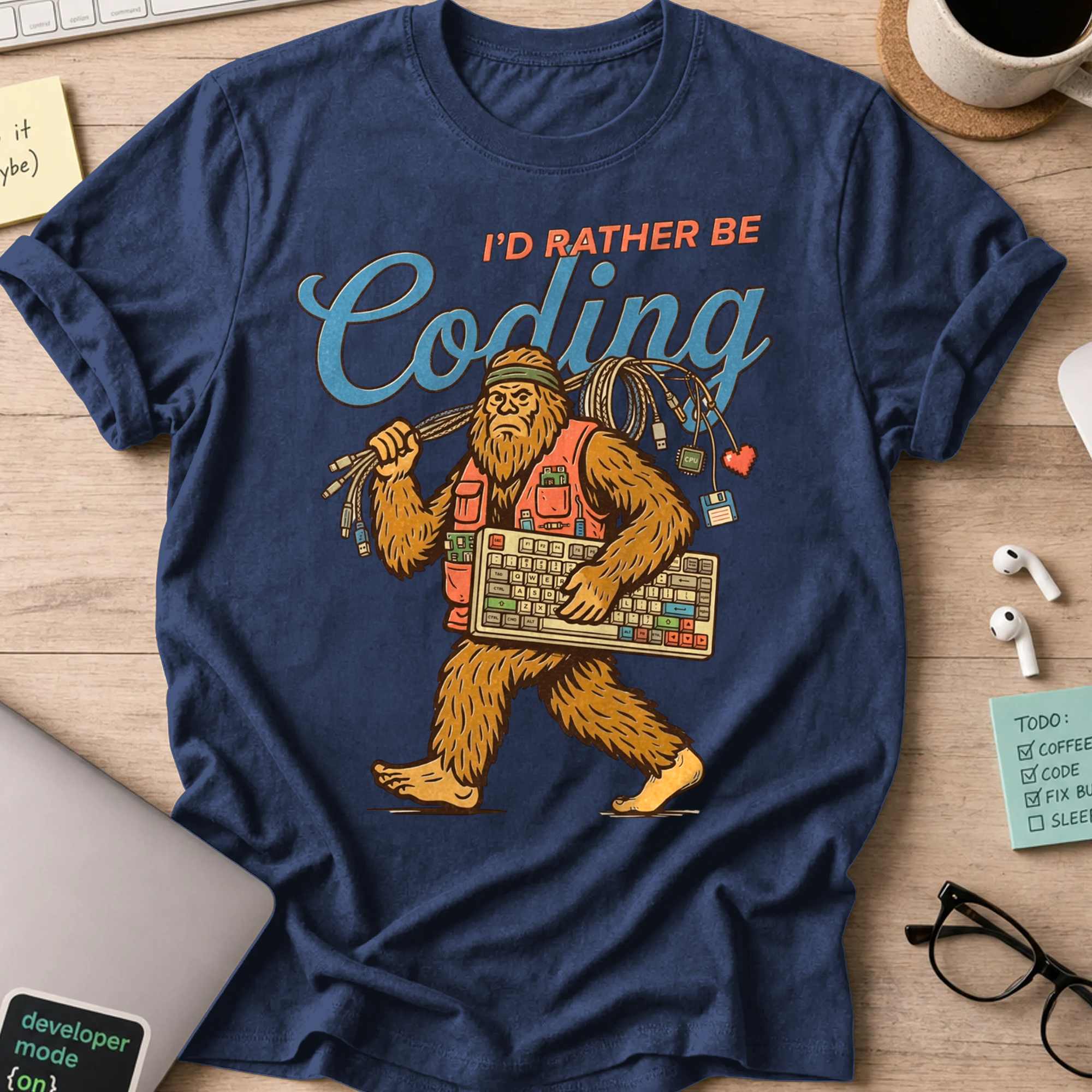 I'd Rather Be Coding Bigfoot Shirt — Navy