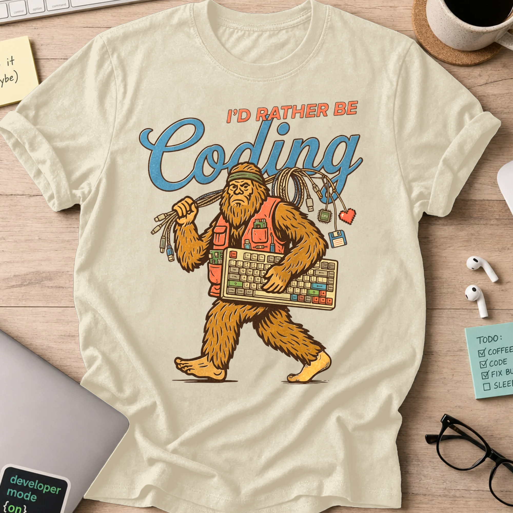 I'd Rather Be Coding Bigfoot Shirt — Natural