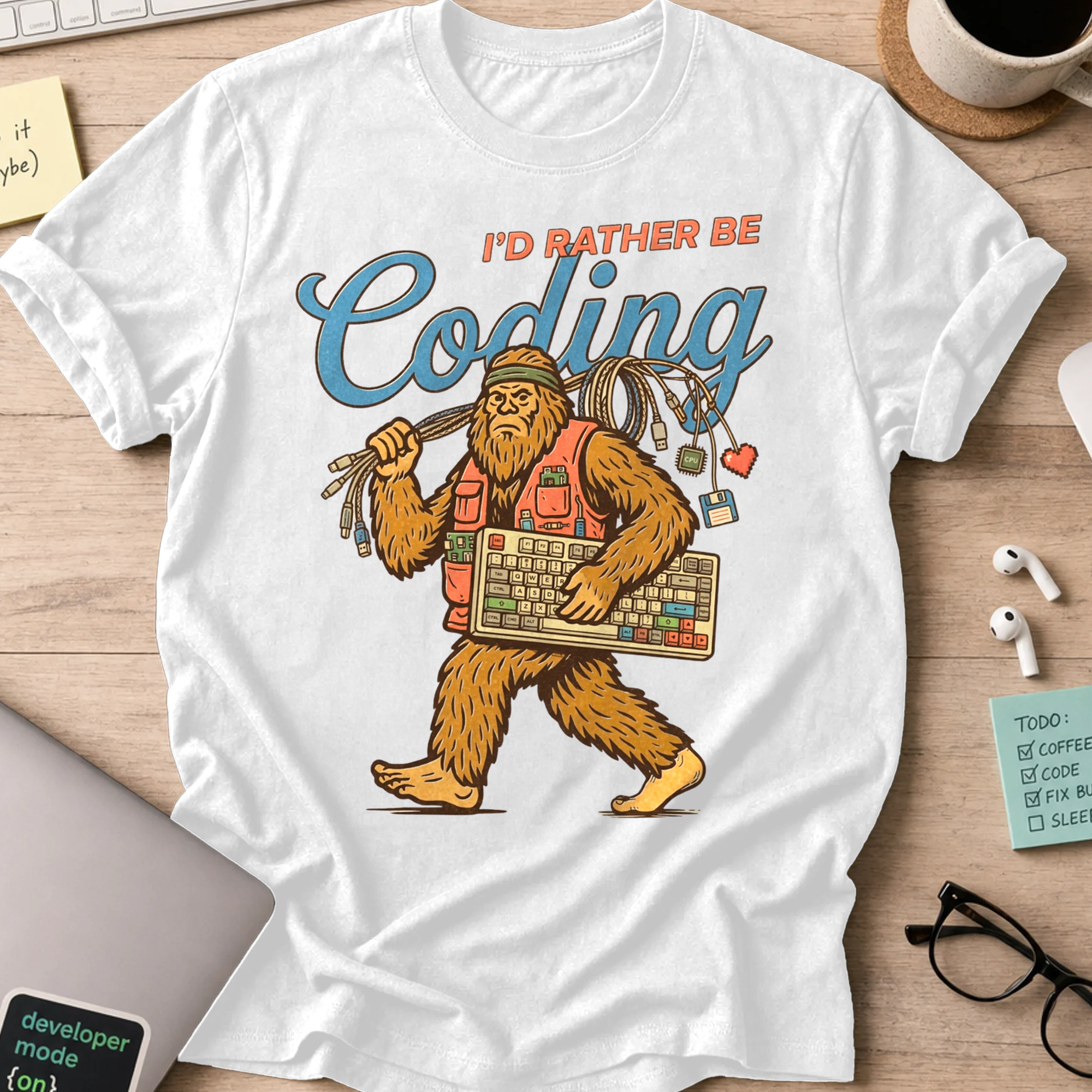 I'd Rather Be Coding Bigfoot Shirt — White