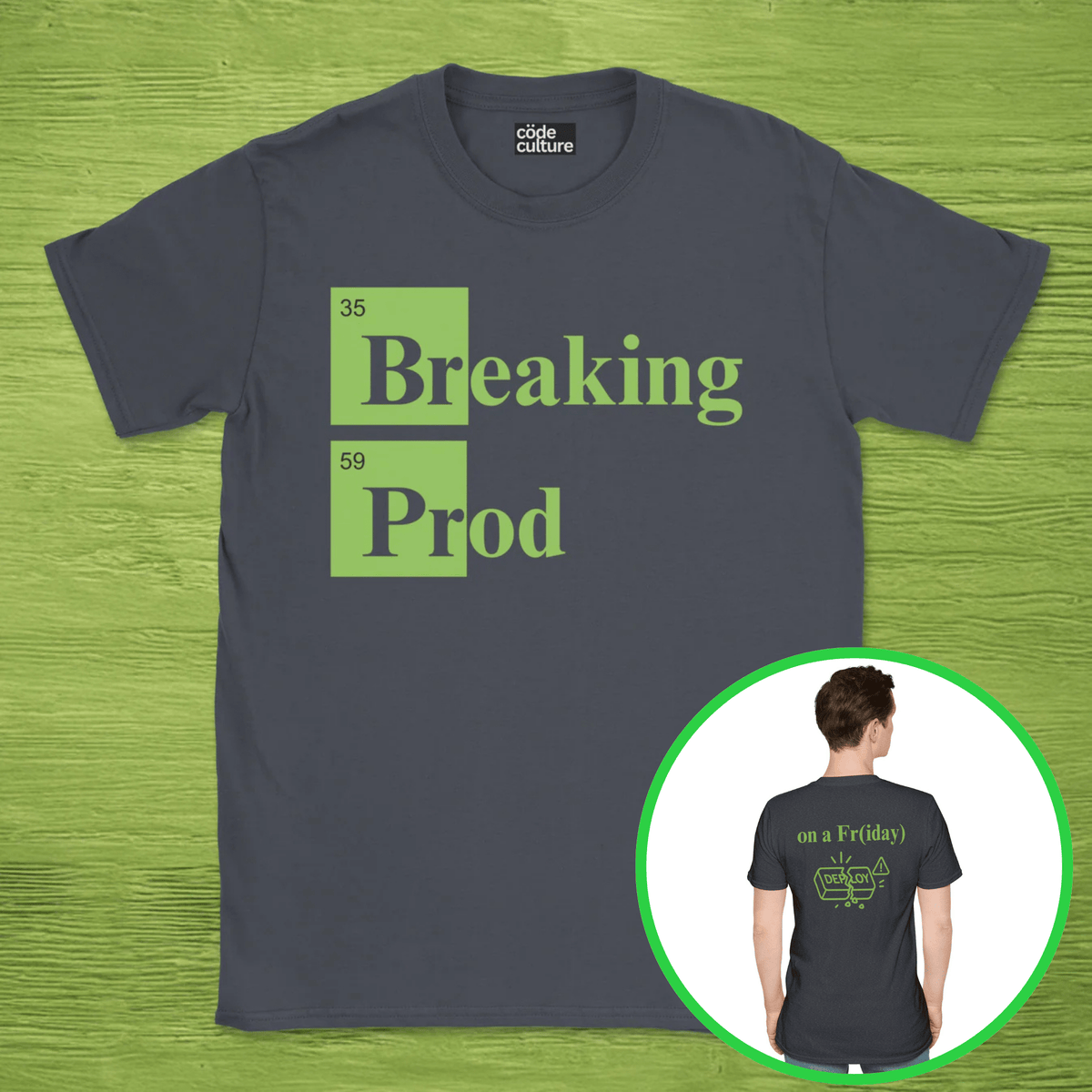 Code Culture Breaking Prod on a friday shirt funny programmer T-Shirt in Dark Heather Grey — Code Culture developer clothing