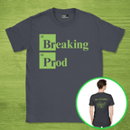 Code Culture Breaking Prod on a friday shirt funny programmer T-Shirt in Dark Heather Grey — Code Culture developer clothing