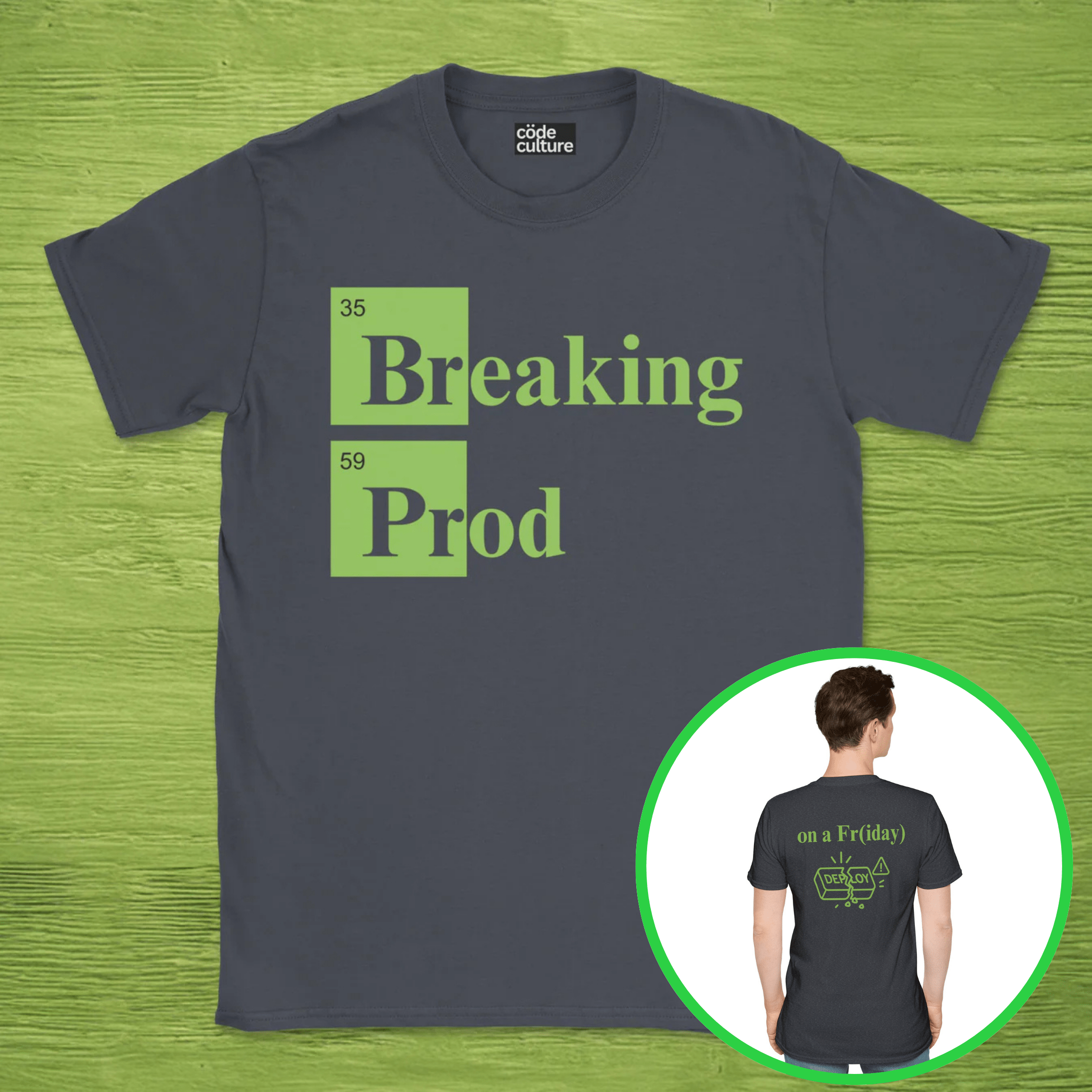 Code Culture Breaking Prod on a friday shirt funny programmer T-Shirt in Dark Heather Grey — Code Culture developer clothing