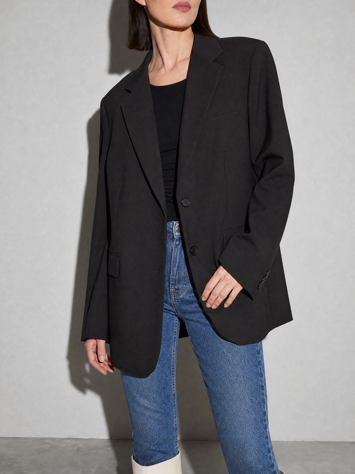 Women's Solid Color Loose Casual Single-breasted Coat in Black - bust to thigh view