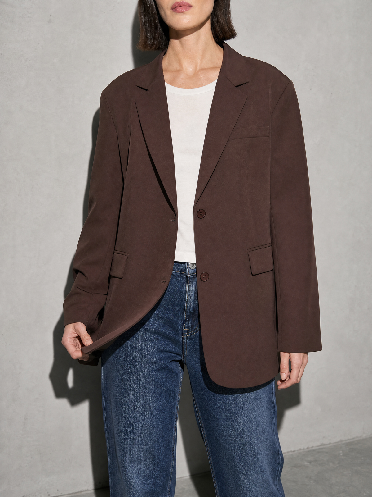 Women's Solid Color Loose Casual Single-breasted Coat in Brown - bust to thigh view