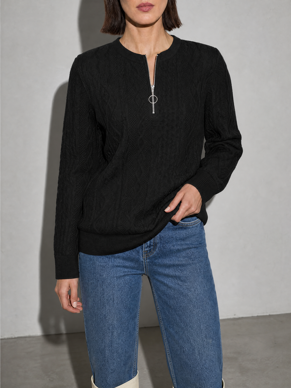 European And American Zipper Sweater Women's Coat Cardigan in Black - bust to thigh view
