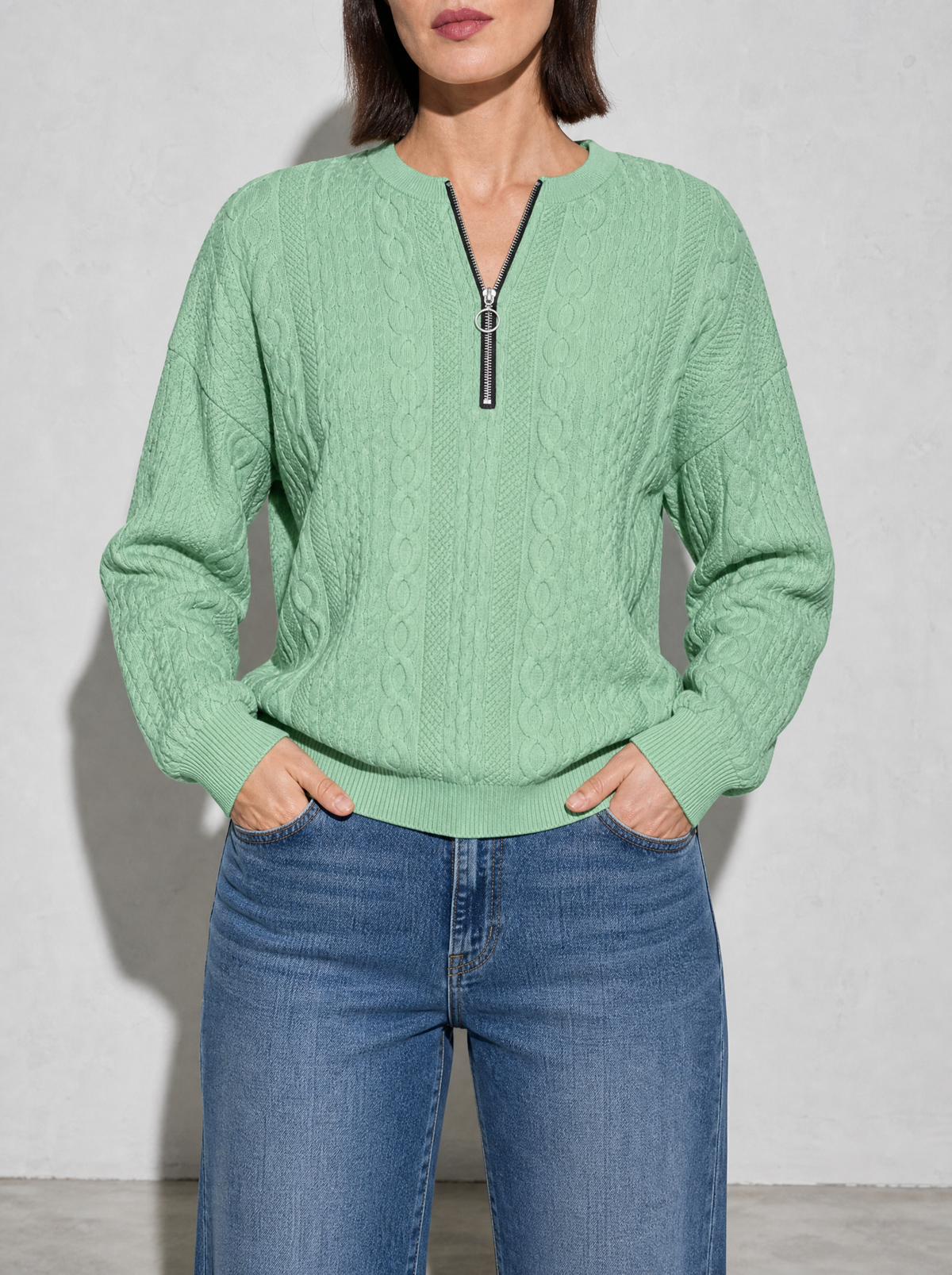European And American Zipper Sweater Women's Coat Cardigan in Green - bust to thigh view