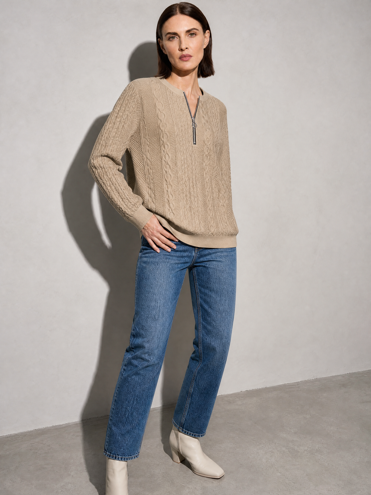European And American Zipper Sweater Women's Coat Cardigan in Khaki - adjusting view