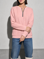 European And American Zipper Sweater Women's Coat Cardigan in Pink - bust to thigh view
