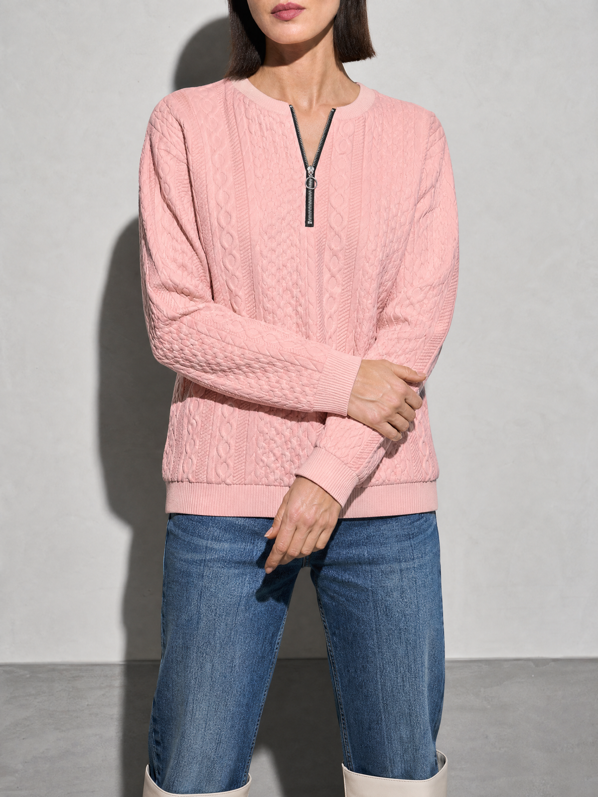 European And American Zipper Sweater Women's Coat Cardigan in Pink - bust to thigh view