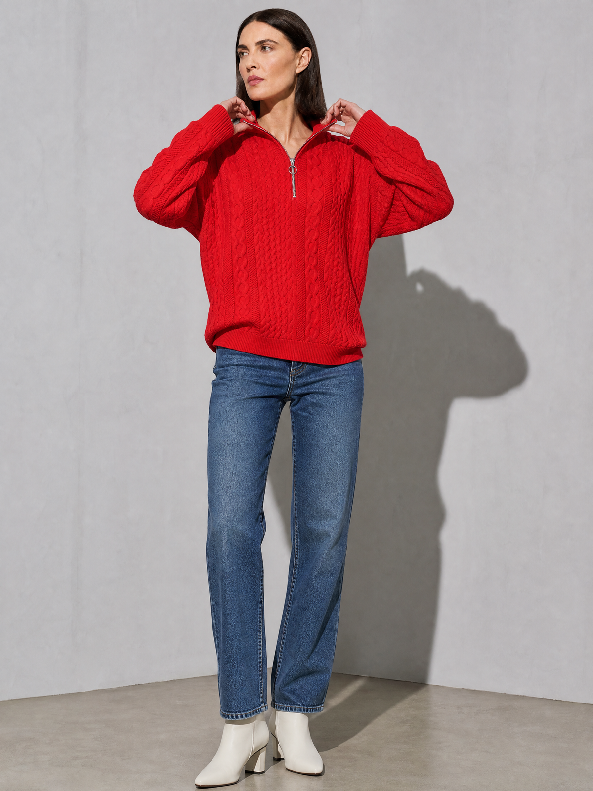 European And American Zipper Sweater Women's Coat Cardigan in Red - adjusting view
