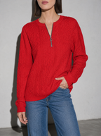 European And American Zipper Sweater Women's Coat Cardigan in Red - bust to thigh view