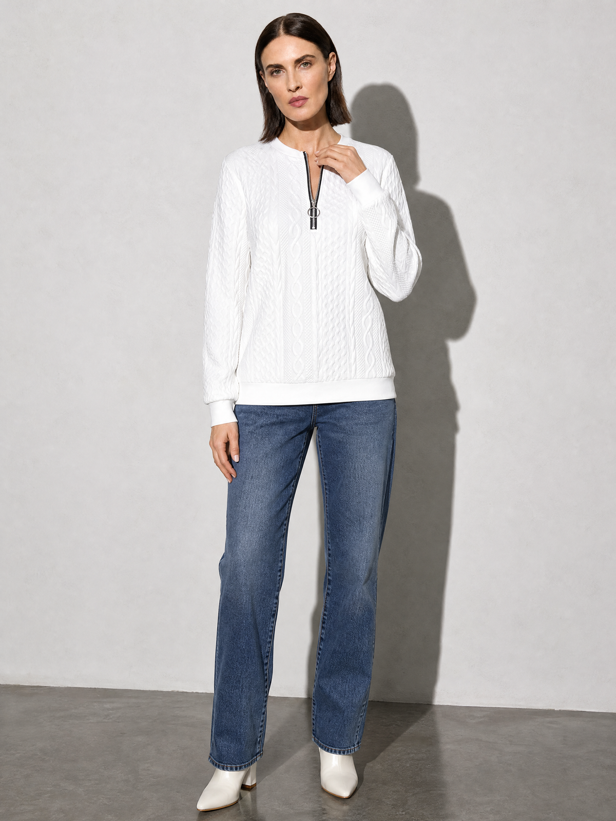 European And American Zipper Sweater Women's Coat Cardigan in White And Black Zipper - adjusting view