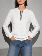 European And American Zipper Sweater Women's Coat Cardigan in White And Black Zipper - bust to thigh view