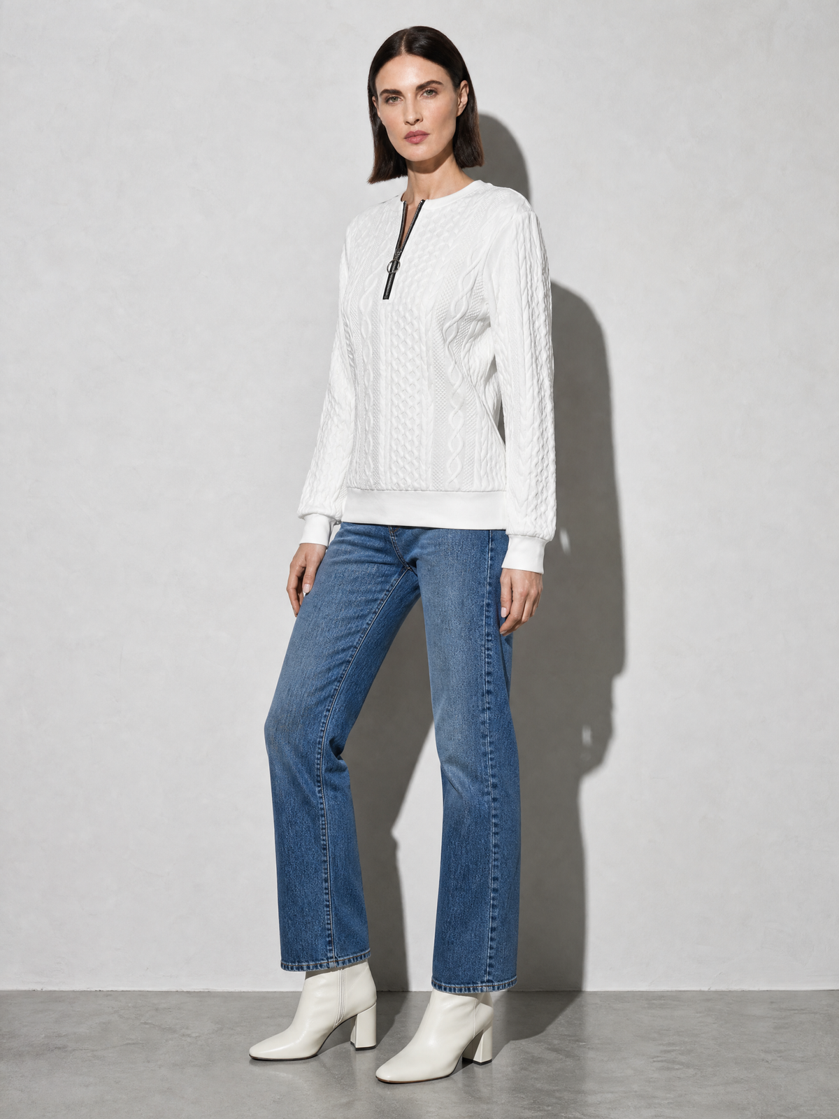 European And American Zipper Sweater Women's Coat Cardigan in White And Black Zipper - main view