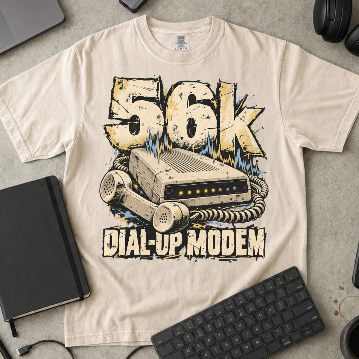 56k Dial-Up Modem Shirt — Ivory Comfort Colors 1717 flat lay