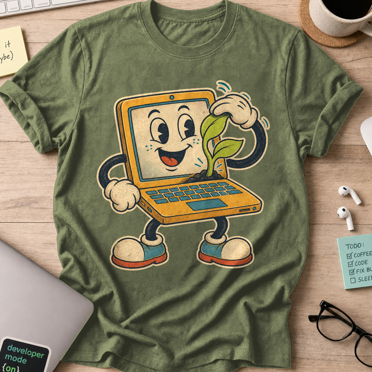 Laptop Plant Care Shirt — Military Green