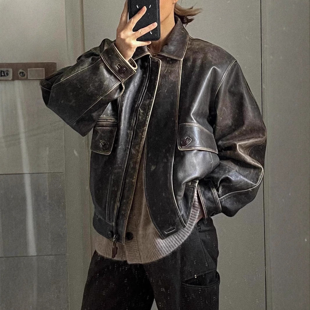 Women's Oversized Distressed Dark Brown Leather Jacket
