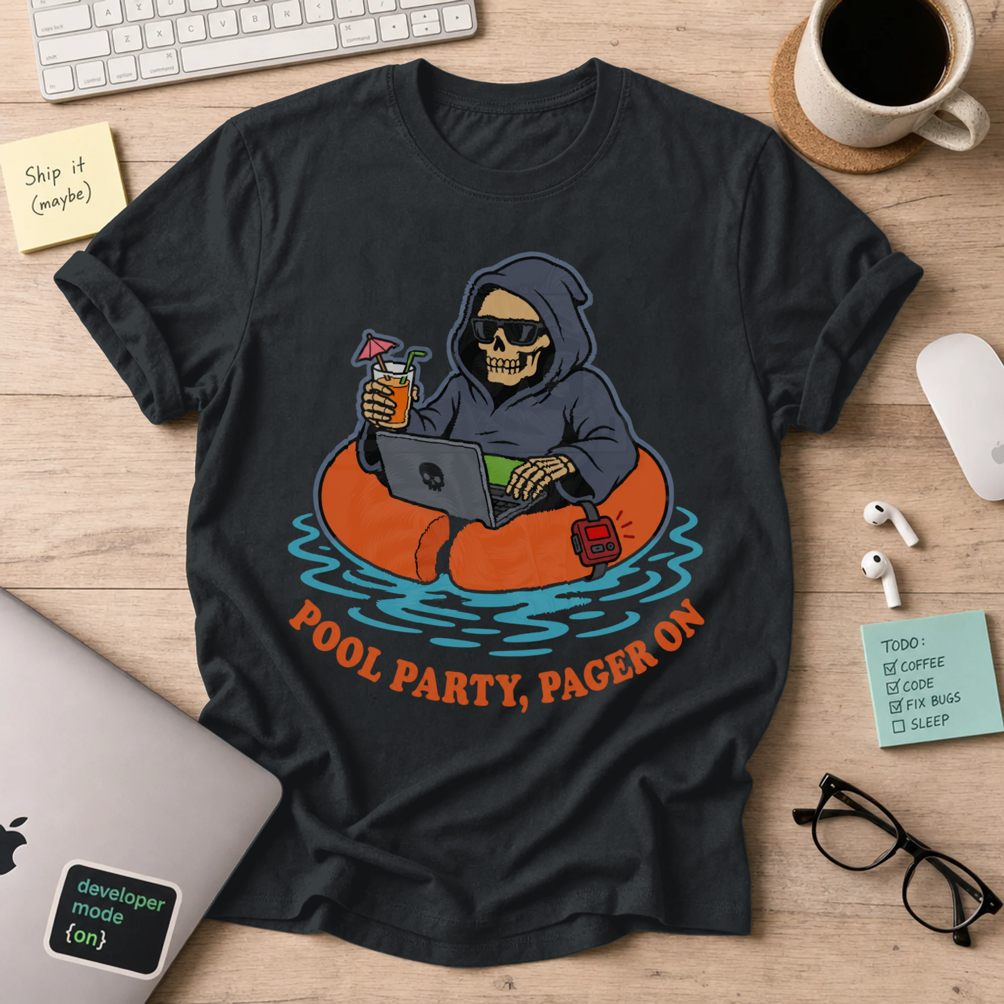 Pool Party, Pager On Shirt — Black