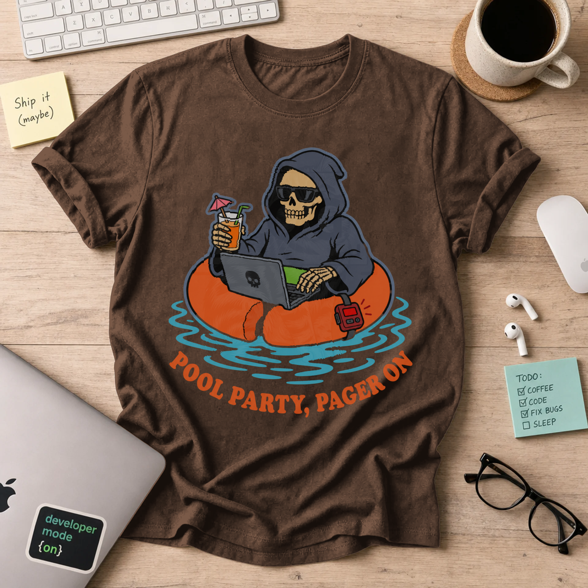 Pool Party, Pager On Shirt — Dark Chocolate